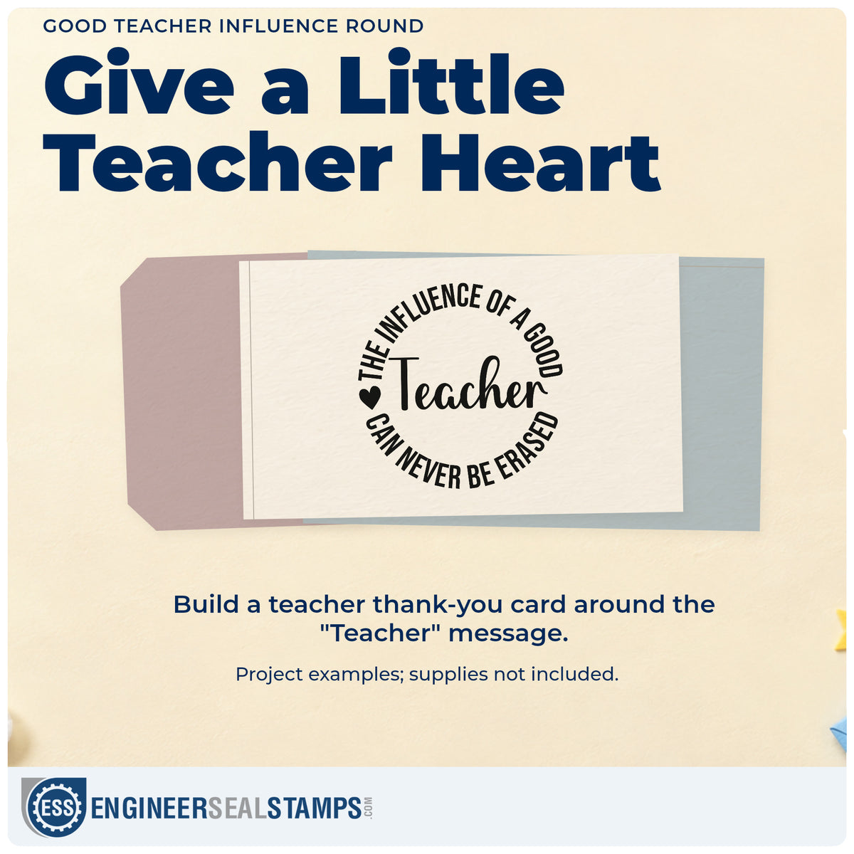 A finished handmade project stamped with the Good Teacher Influence Round With Hearts Slim Pre-Inked Stamp, ideal for farewell book tags.