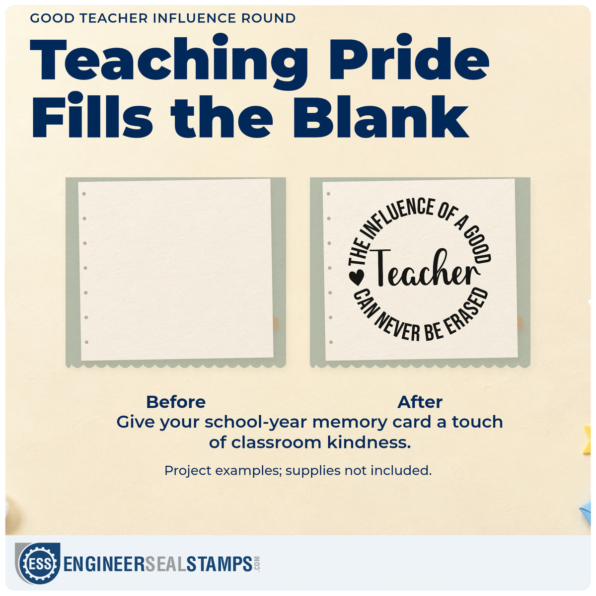 Before and after of a plain item finished with the Good Teacher Influence Round With Hearts Stamp - Premium Vintage Pro Wooden, a quick upgrade for plaque backing labels.