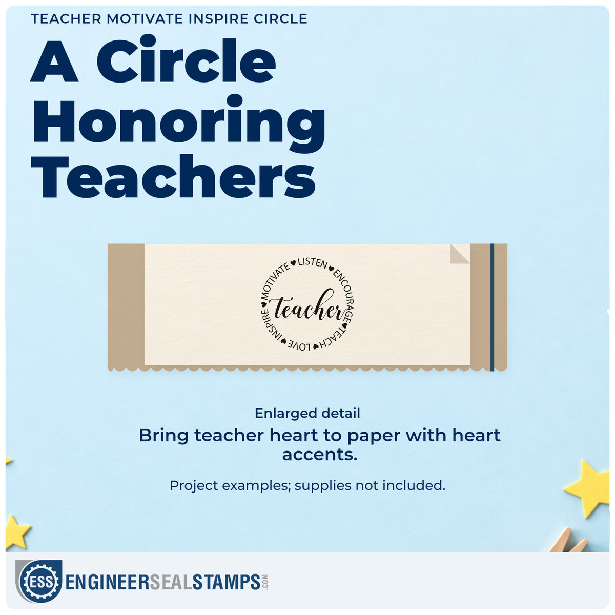 Enlarged detail of the Teacher Motivate Inspire Circle Rubber Stamp – Duo Hand imprint. A circular border of teaching words and hearts surrounds "Teacher" script.