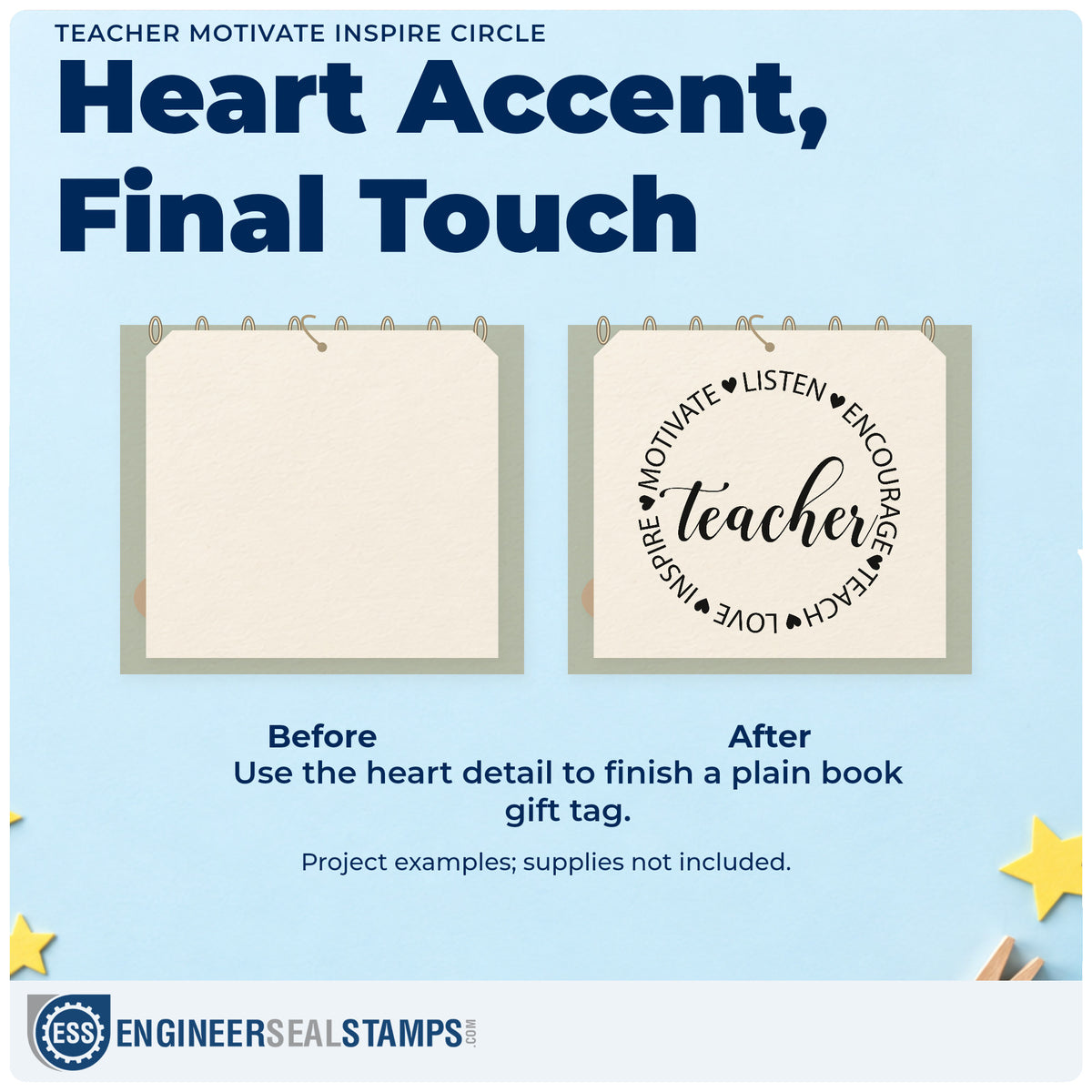 Before and after of a plain item finished with the Teacher Motivate Inspire Circle Rubber Stamp – Duo Hand, a quick upgrade for tin lid labels.