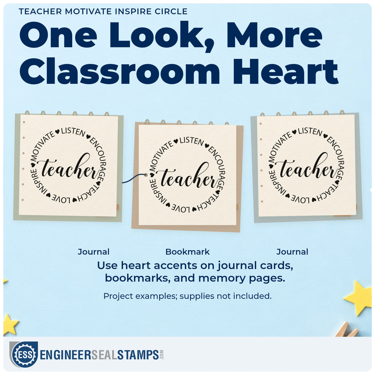 Three project examples made with the Teacher Motivate Inspire Circle Rubber Stamp – Duo Hand, including paper fan rounds.
