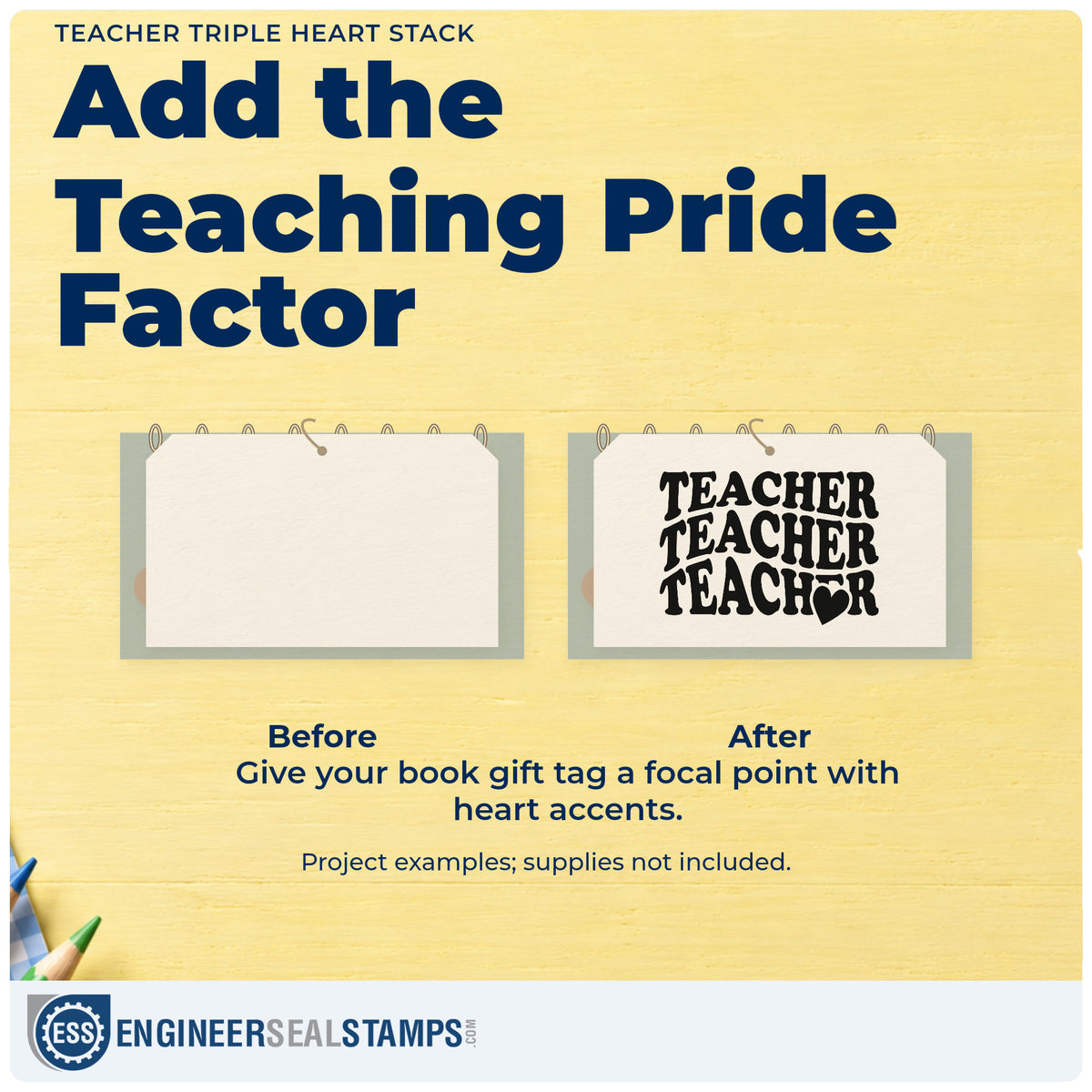 Before and after of a plain item finished with the Teacher Triple Heart Stack Serif Lettering Slim Pre-Inked Stamp, a quick upgrade for shared shelf labels.