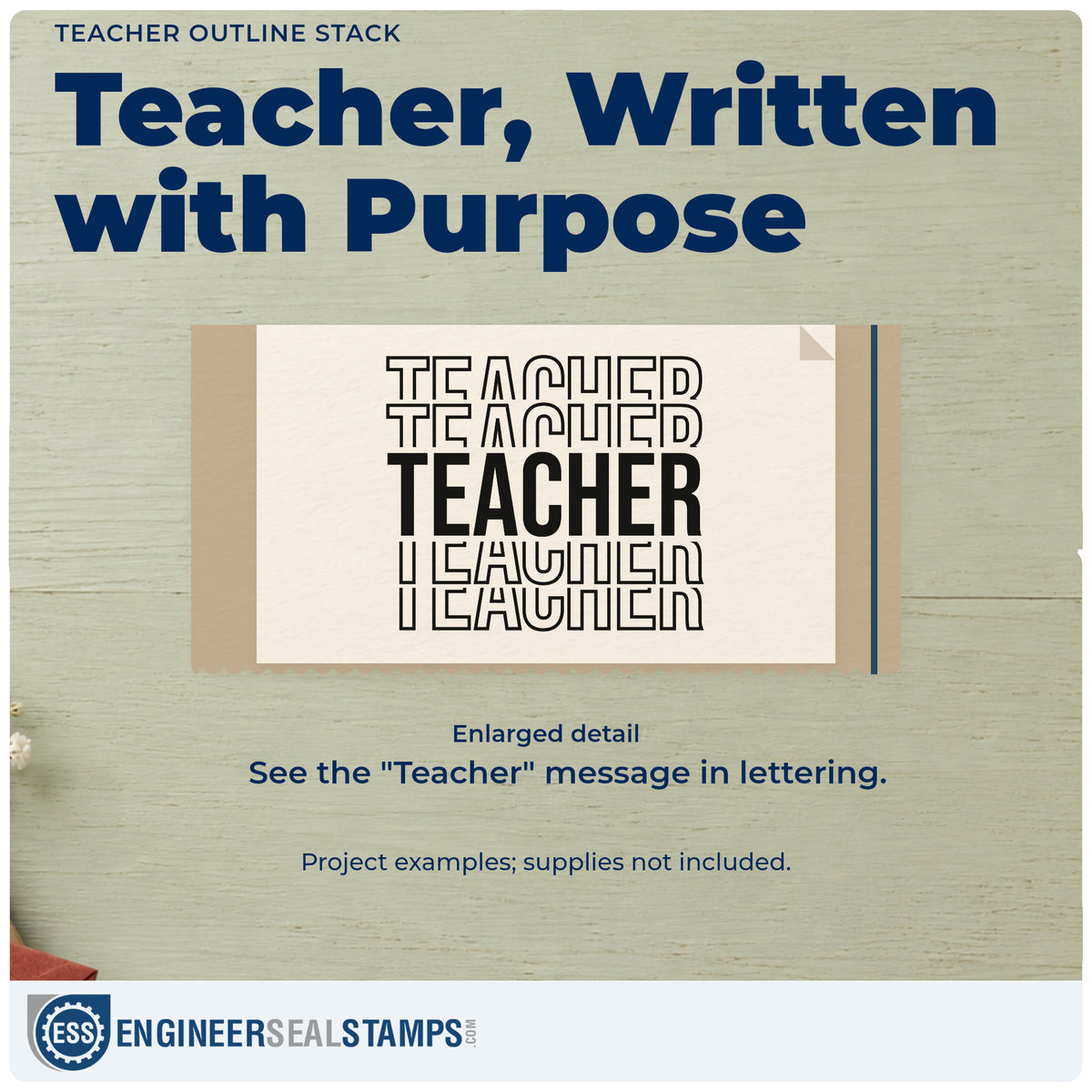 Enlarged detail of the Teacher Stacked Outline Typography Hand Stamp – Duo imprint. Five stacked "Teacher" words alternate outlined lettering with a solid bold center line.