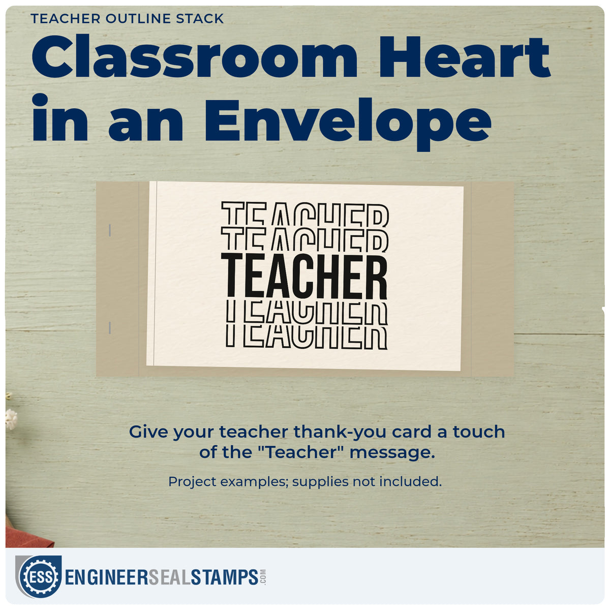 A finished handmade project stamped with the Teacher Stacked Outline Typography Stamp – Self-Inking, ideal for anniversary tags.