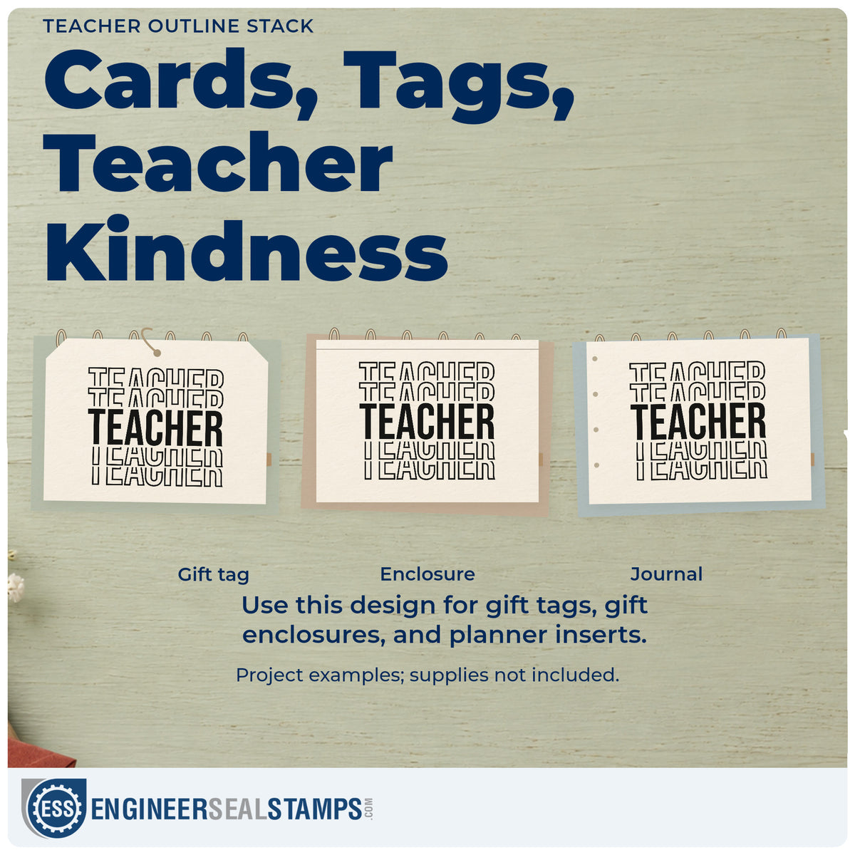Three project examples made with the Teacher Stacked Outline Typography PSI Pre-Inked Stamp, including layered card crafts.