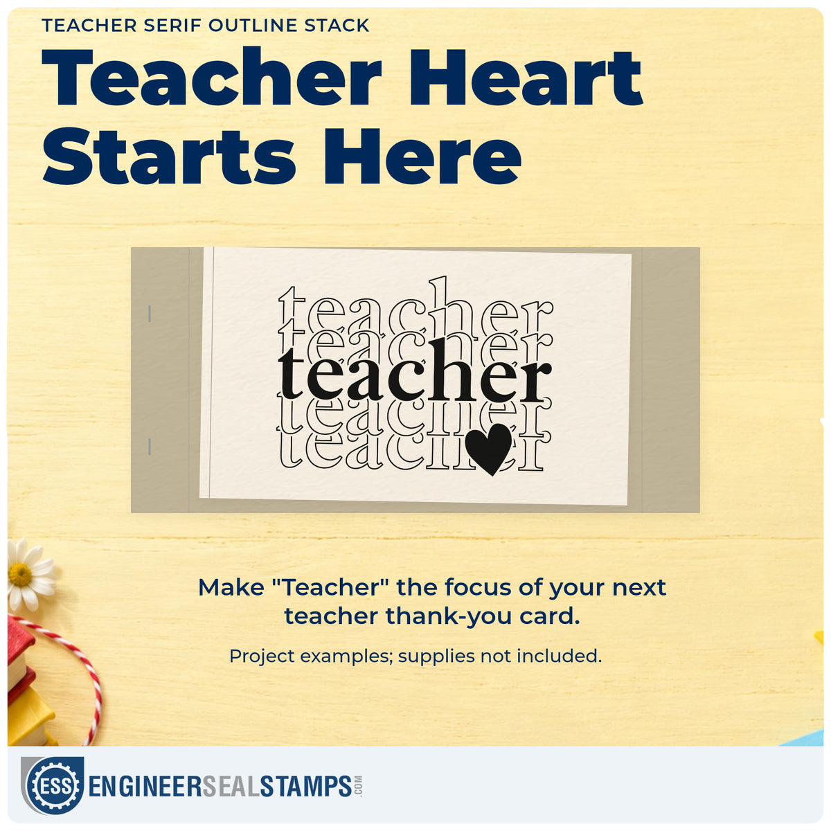 A finished handmade project stamped with the Teacher Serif Outline Stack With Hearts Pre-Inked Stamp – PSI, ideal for spotlight award tags.
