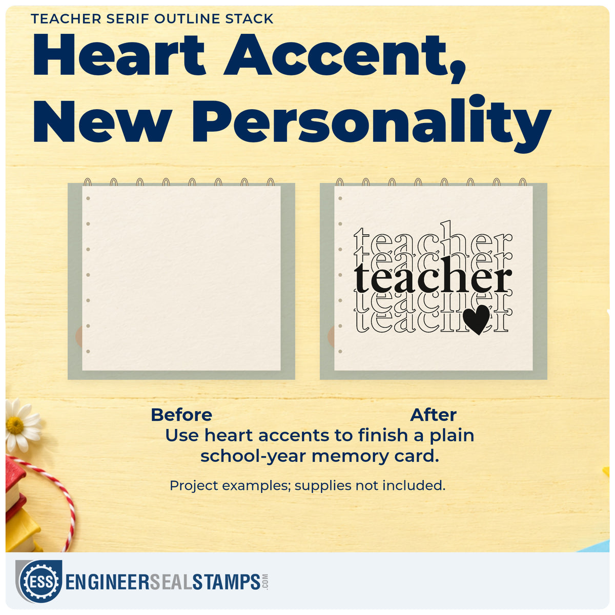 Before and after of a plain item finished with the Teacher Serif Outline Stack With Hearts Rubber Stamp – Duo Hand, a quick upgrade for trophy base labels.
