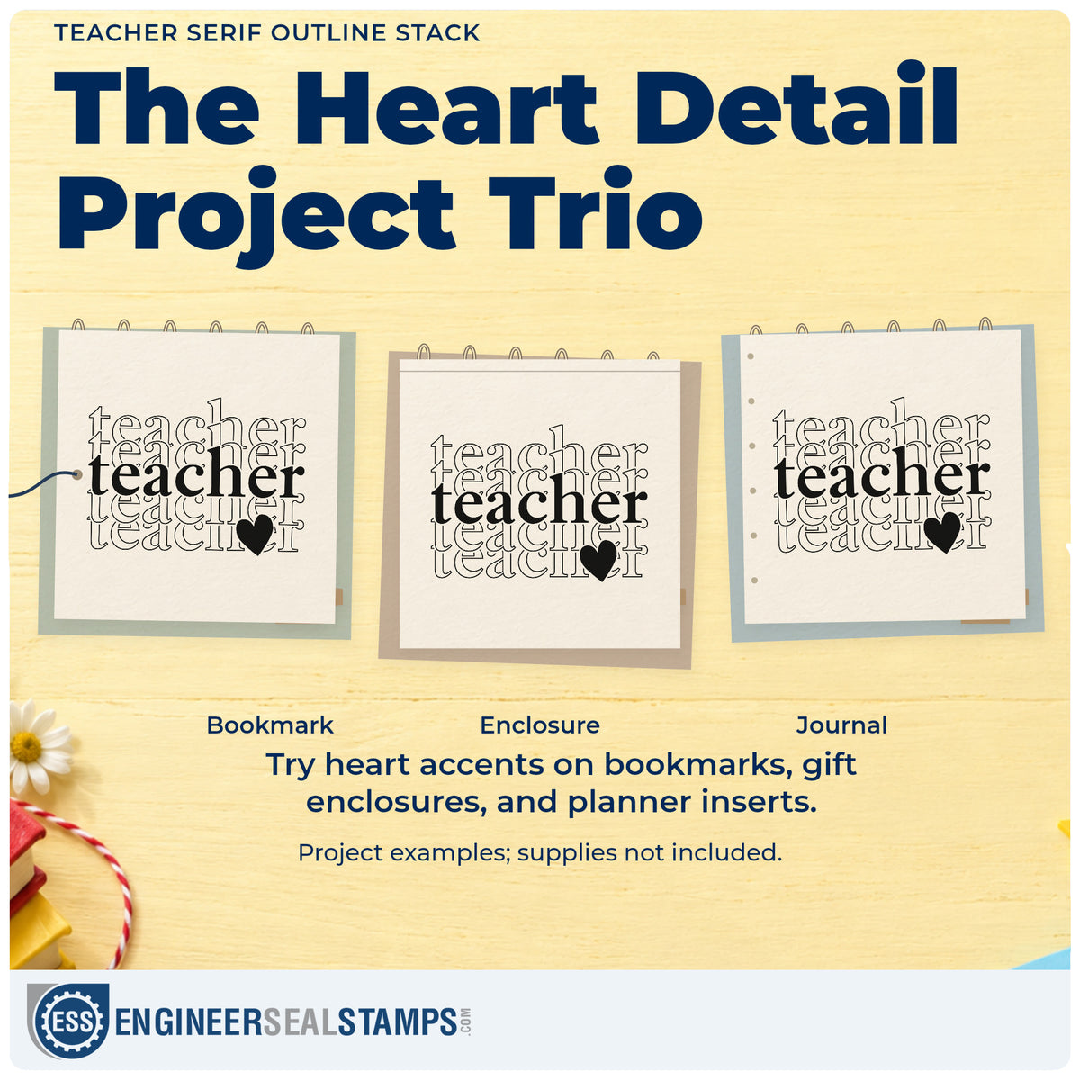 Three project examples made with the Teacher Serif Outline Stack With Hearts Rubber Stamp – Duo Hand, including podium card crafts.