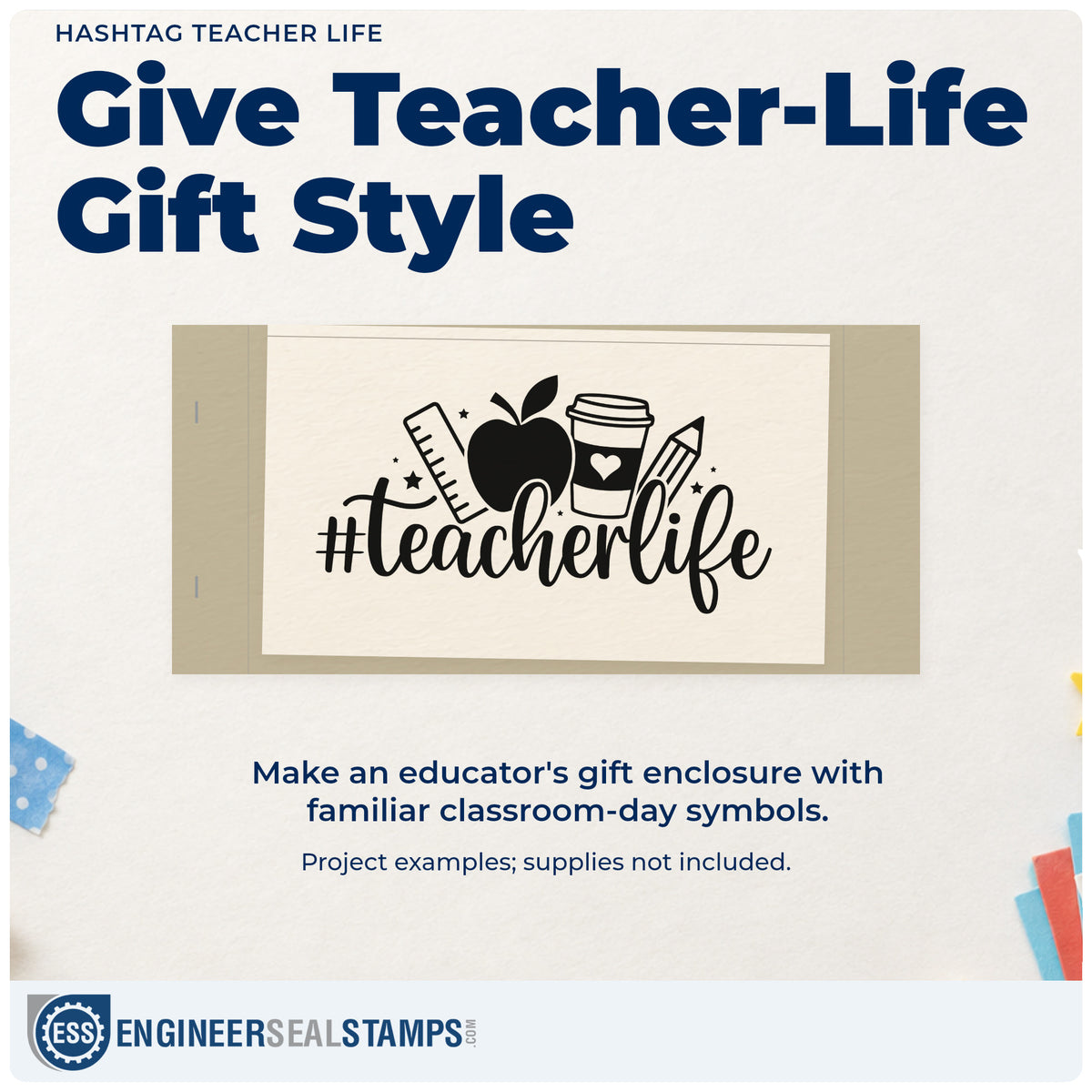 A finished handmade project stamped with the Hashtag Teacher Life Rubber Stamp – Wood Handle, ideal for classroom supply labels.