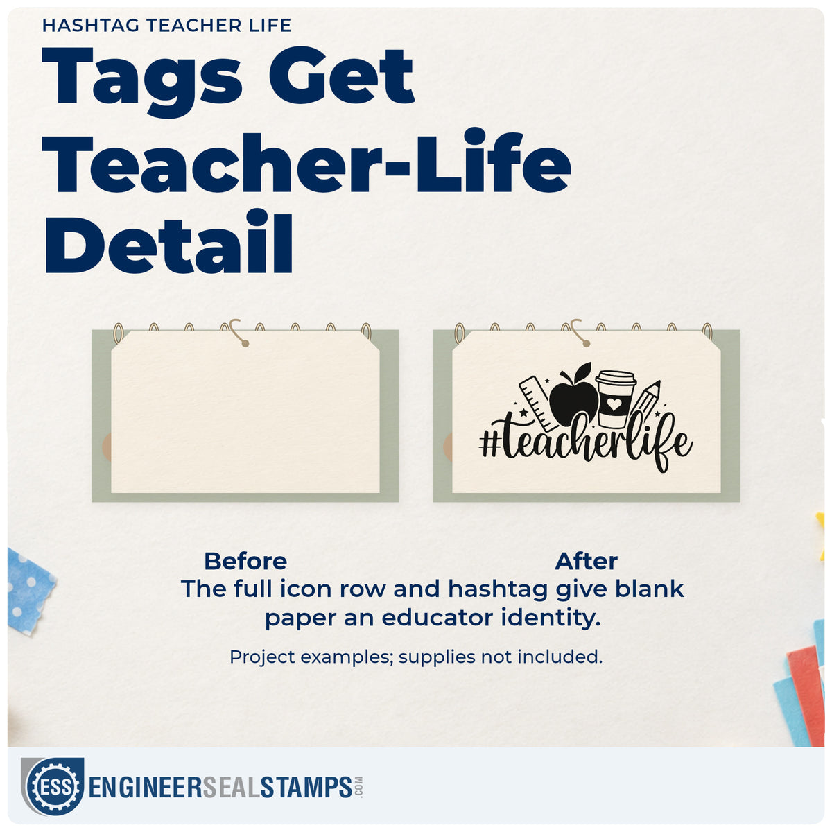 Before and after of a plain item finished with the Hashtag Teacher Life Hand Stamp – Duo, a quick upgrade for staff party invitations.