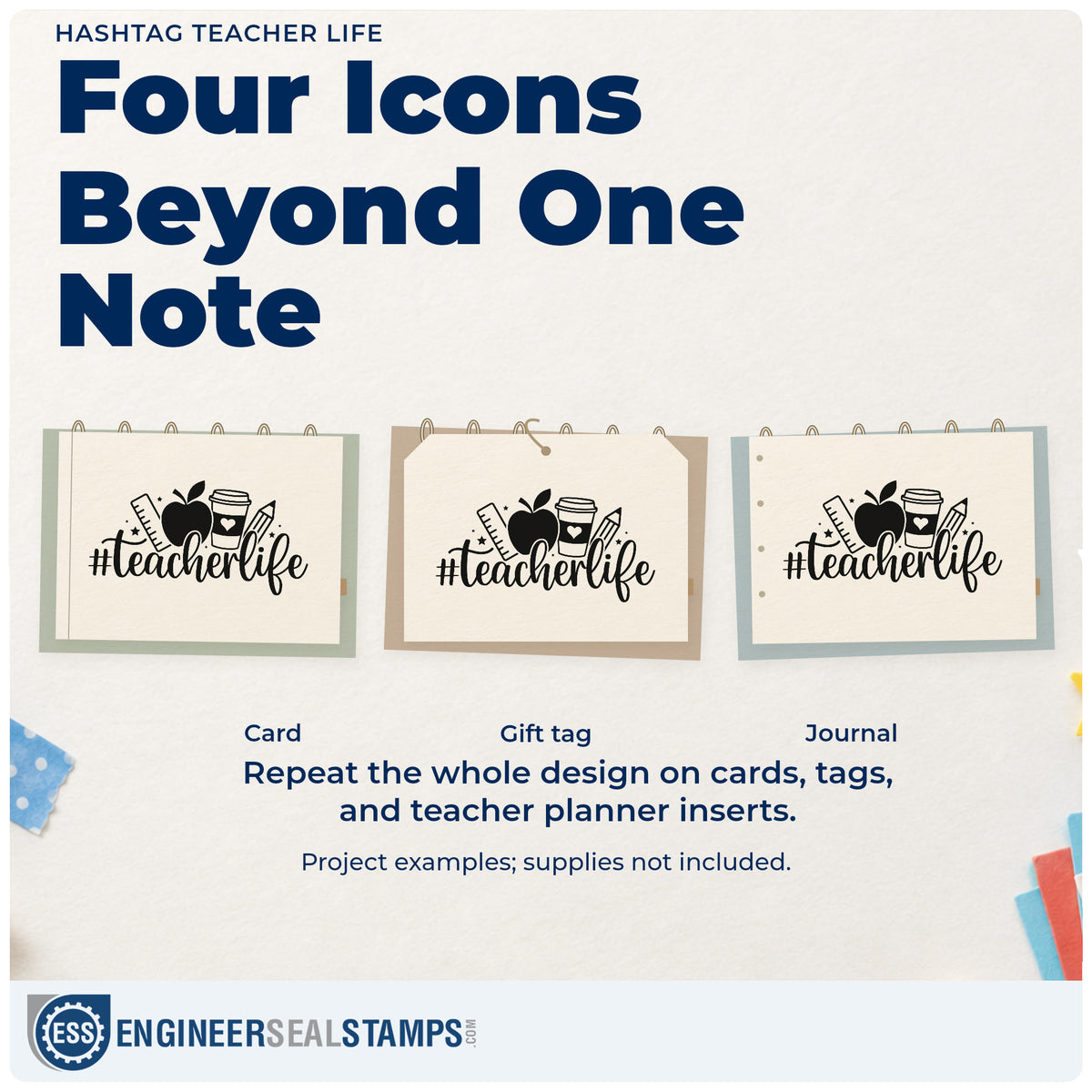 Three project examples made with the Hashtag Teacher Life Rubber Stamp – Wood Handle, including coffee gift tags.