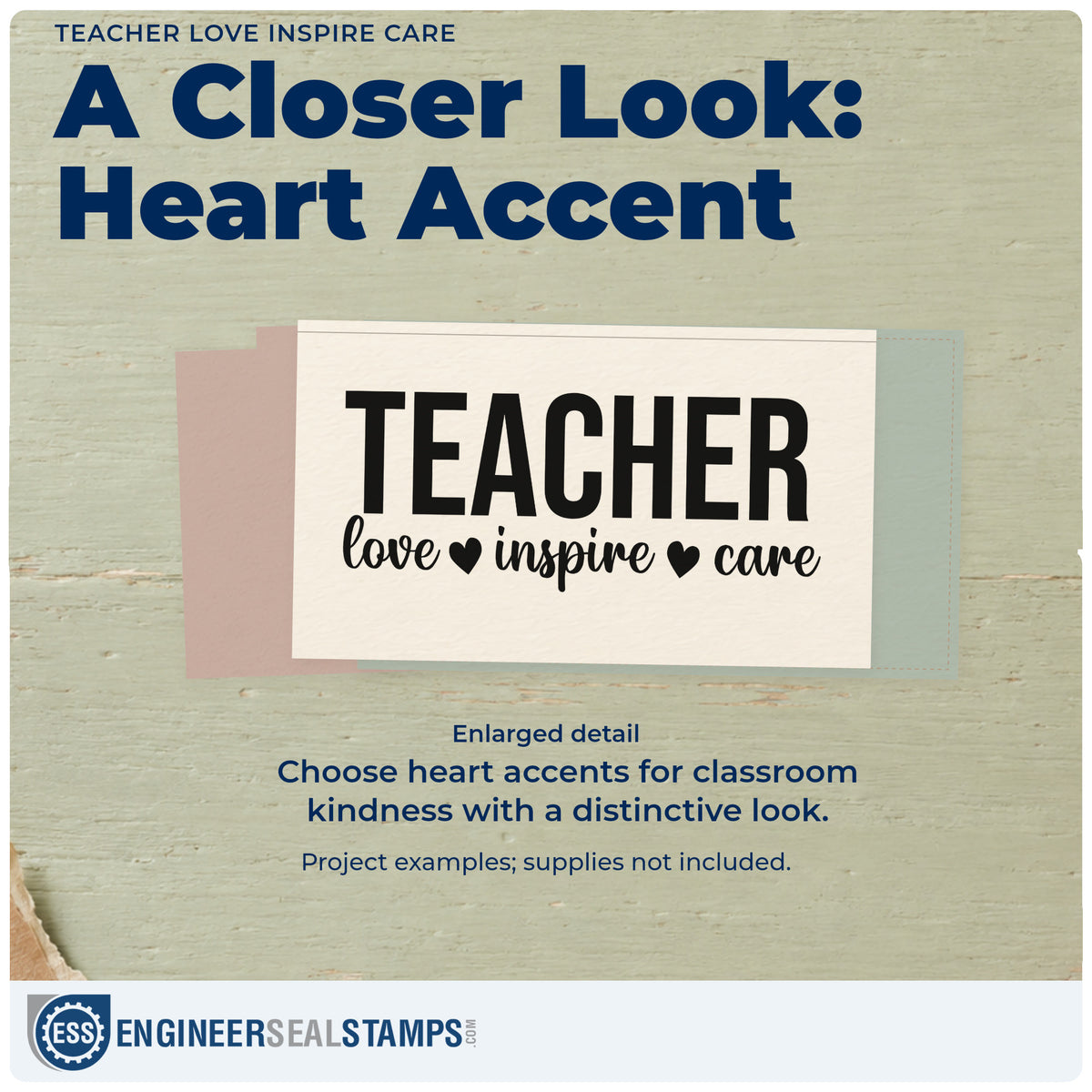 Enlarged detail of the Teacher Love Inspire Care With Hearts Premium Wooden Stamp - Vintage Pro imprint. Bold "Teacher" lettering sits above "Love, inspire, care," separated by hearts.