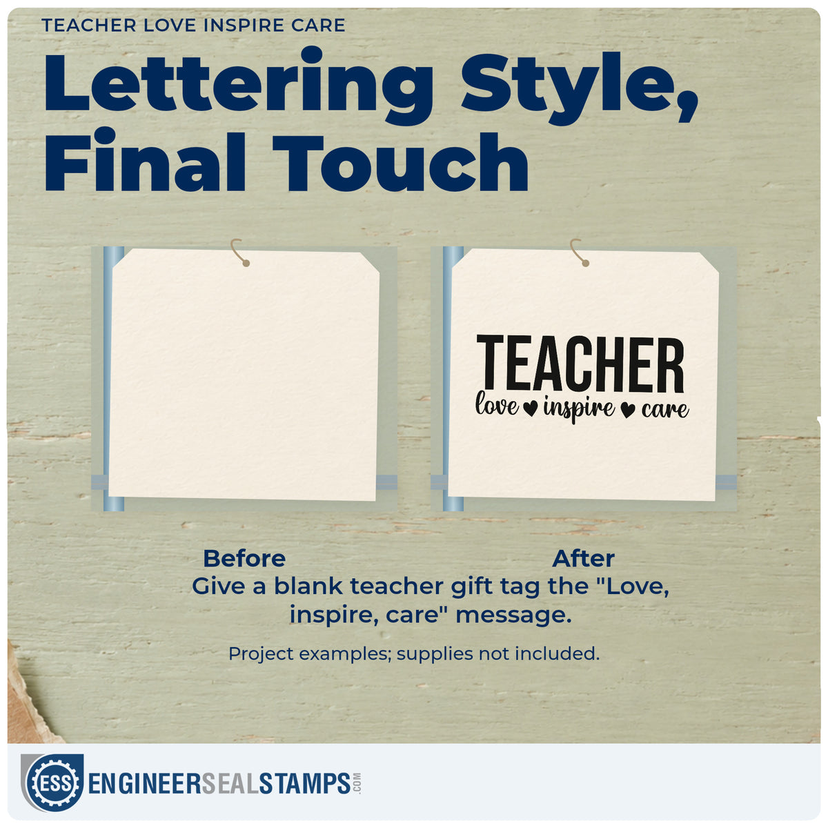 Before and after of a plain item finished with the Teacher Love Inspire Care With Hearts Stamp – Wood Handle, a quick upgrade for first aid labels.