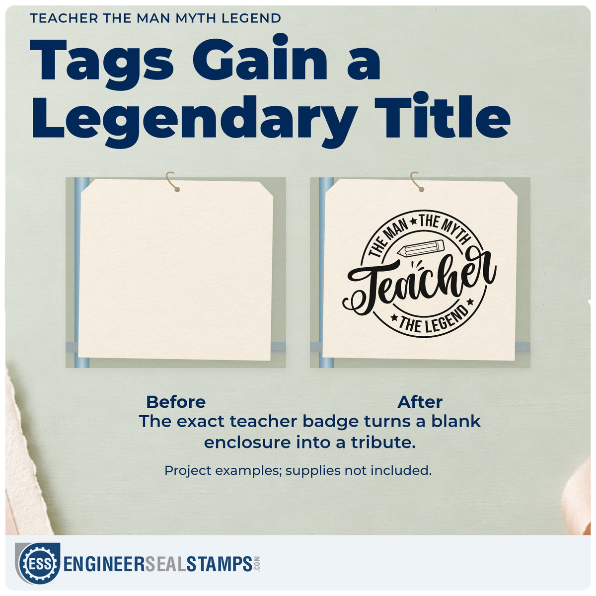 Before and after of a plain item finished with the Teacher The Man Myth Legend Premium Wood-Mounted Stamp - Vintage Pro, a quick upgrade for toolbox lid labels.