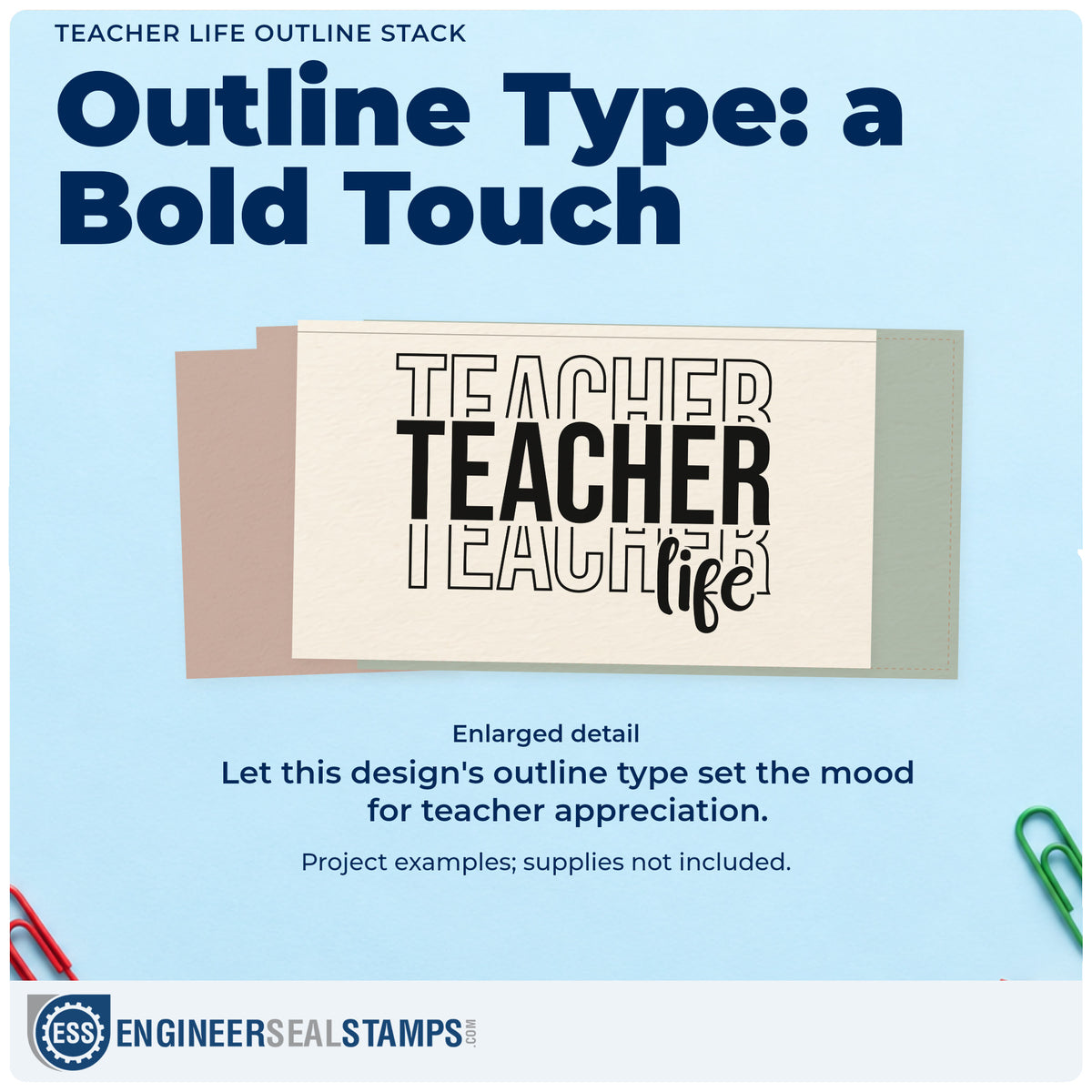 Enlarged detail of the Teacher Life Outline Stack Script Lettering Wood Handle Stamp imprint. Three stacked "Teacher" words combine outlined and solid lettering, ending with "Life" script.