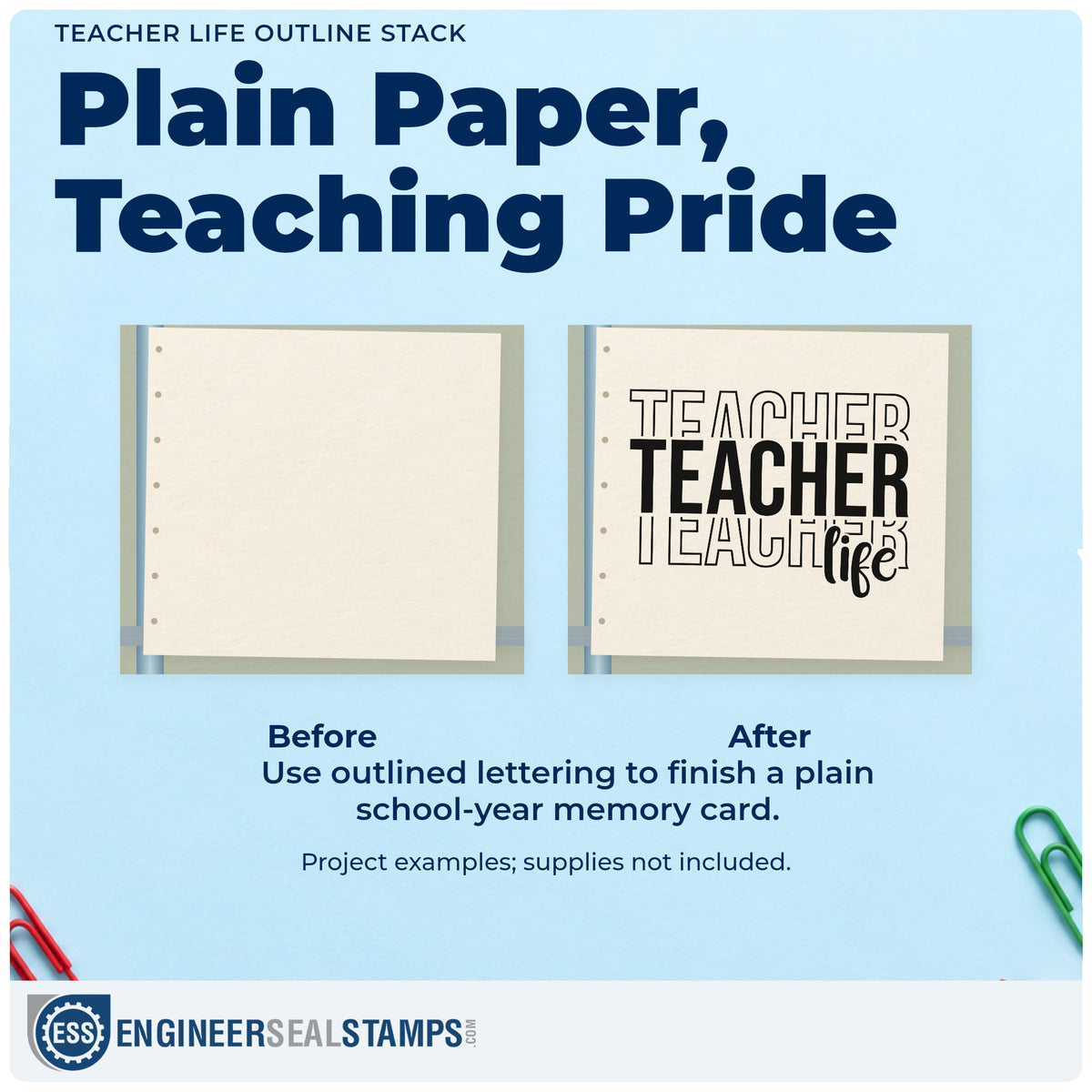 Before and after of a plain item finished with the Teacher Life Outline Stack Script Lettering Wood Handle Stamp, a quick upgrade for shop booth labels.