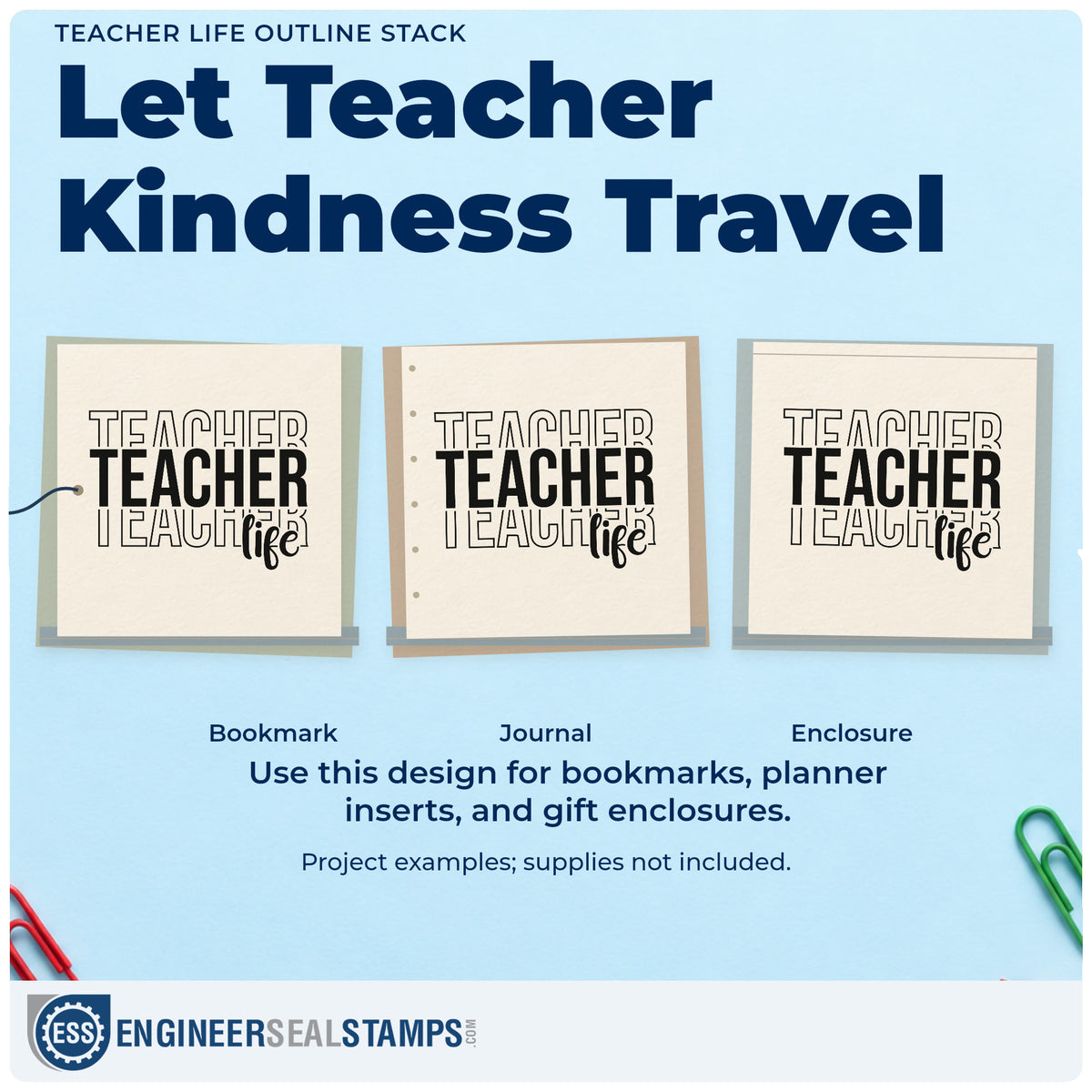 Three project examples made with the Teacher Life Outline Stack Script Lettering Wood Handle Stamp, including vinyl decal crafts.