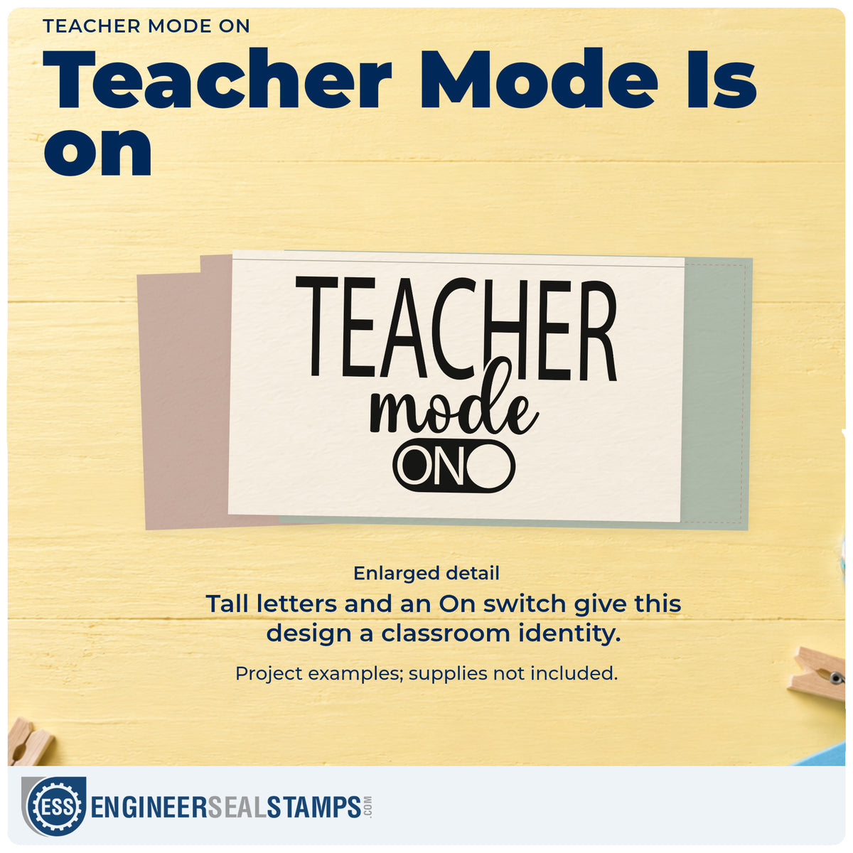Enlarged detail of the Teacher Mode On Premium Wooden Stamp - Vintage Pro imprint. Tall "Teacher" lettering sits above "Mode" script and an on-switch symbol.