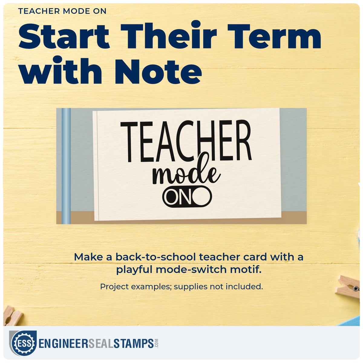 A finished handmade project stamped with the Teacher Mode On Self-Inking Stamp, ideal for robotics kit tags.