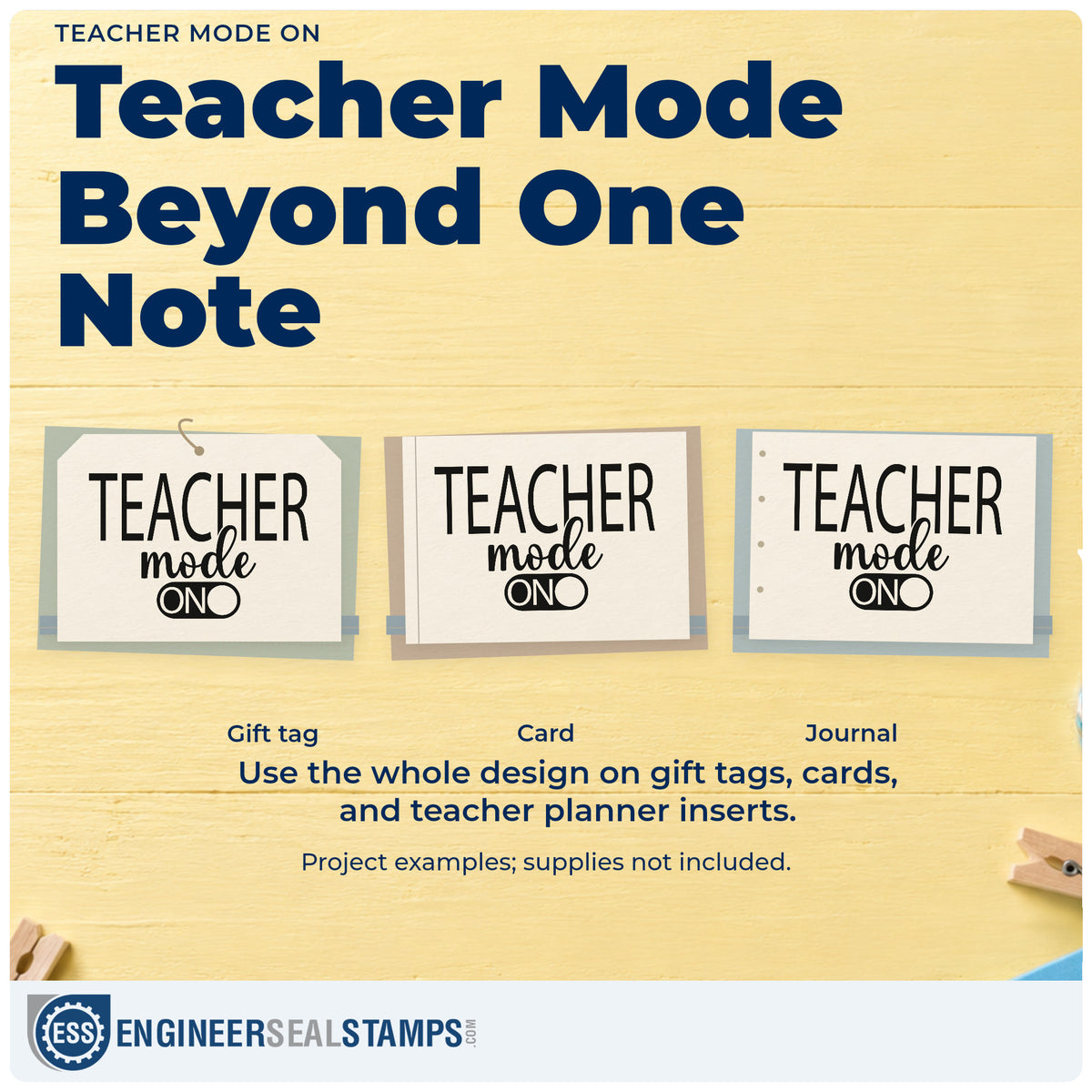 Three project examples made with the Teacher Mode On Self-Inking Stamp, including circuit card crafts.