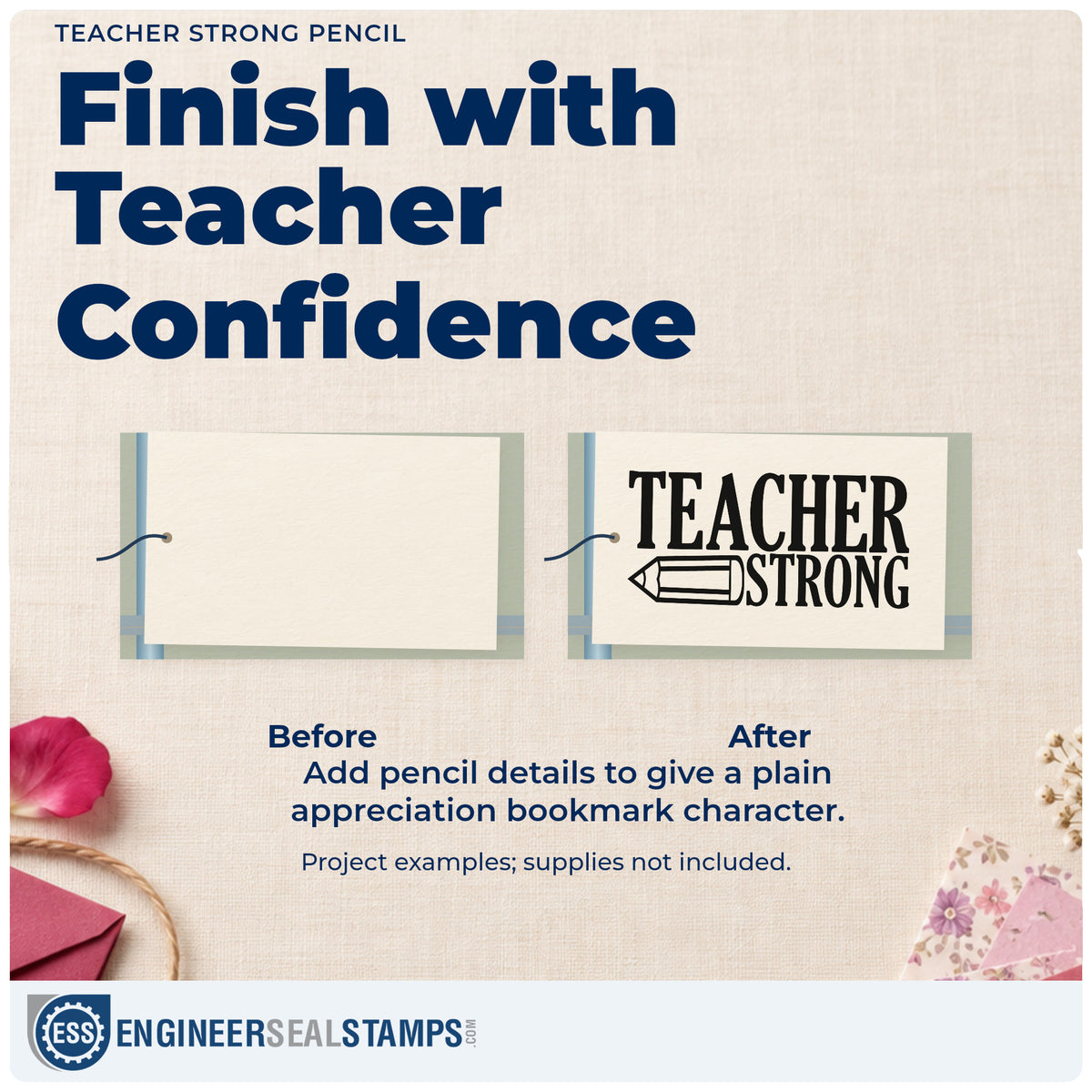 Before and after of a plain item finished with the Teacher Strong Pencil Lettering Slim Pre-Inked Stamp, a quick upgrade for water jug labels.