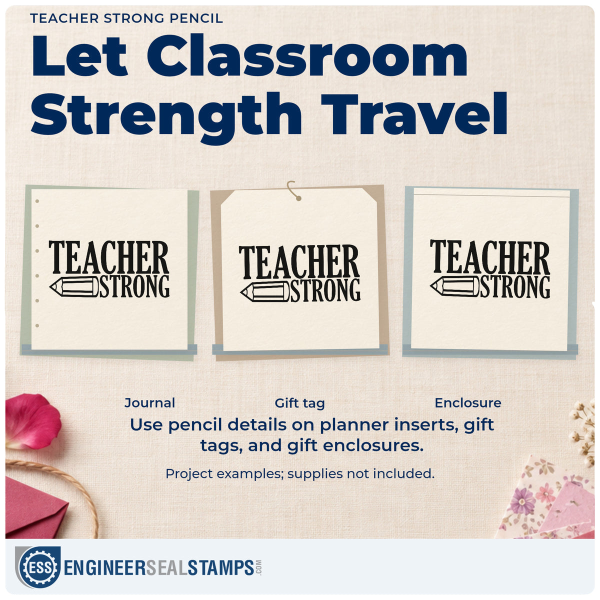 Three project examples made with the Self-Inking Teacher Strong Pencil Lettering Stamp, including barbell card crafts.