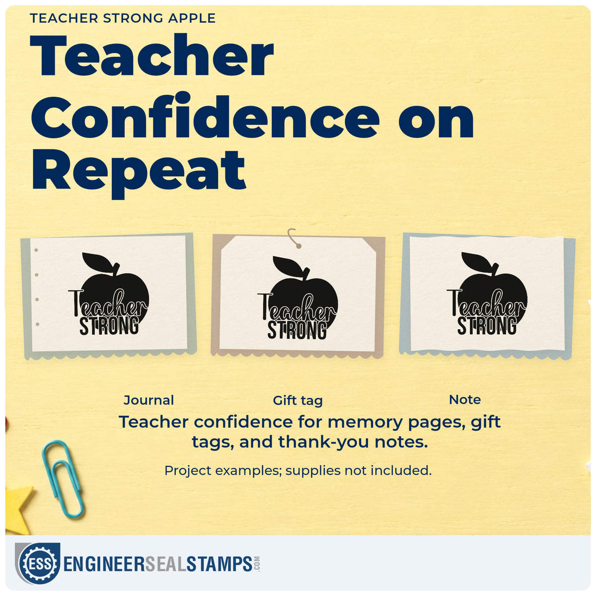 Three project examples made with the Teacher Strong Apple Rubber Stamp – Duo Hand, including apple stencil crafts.
