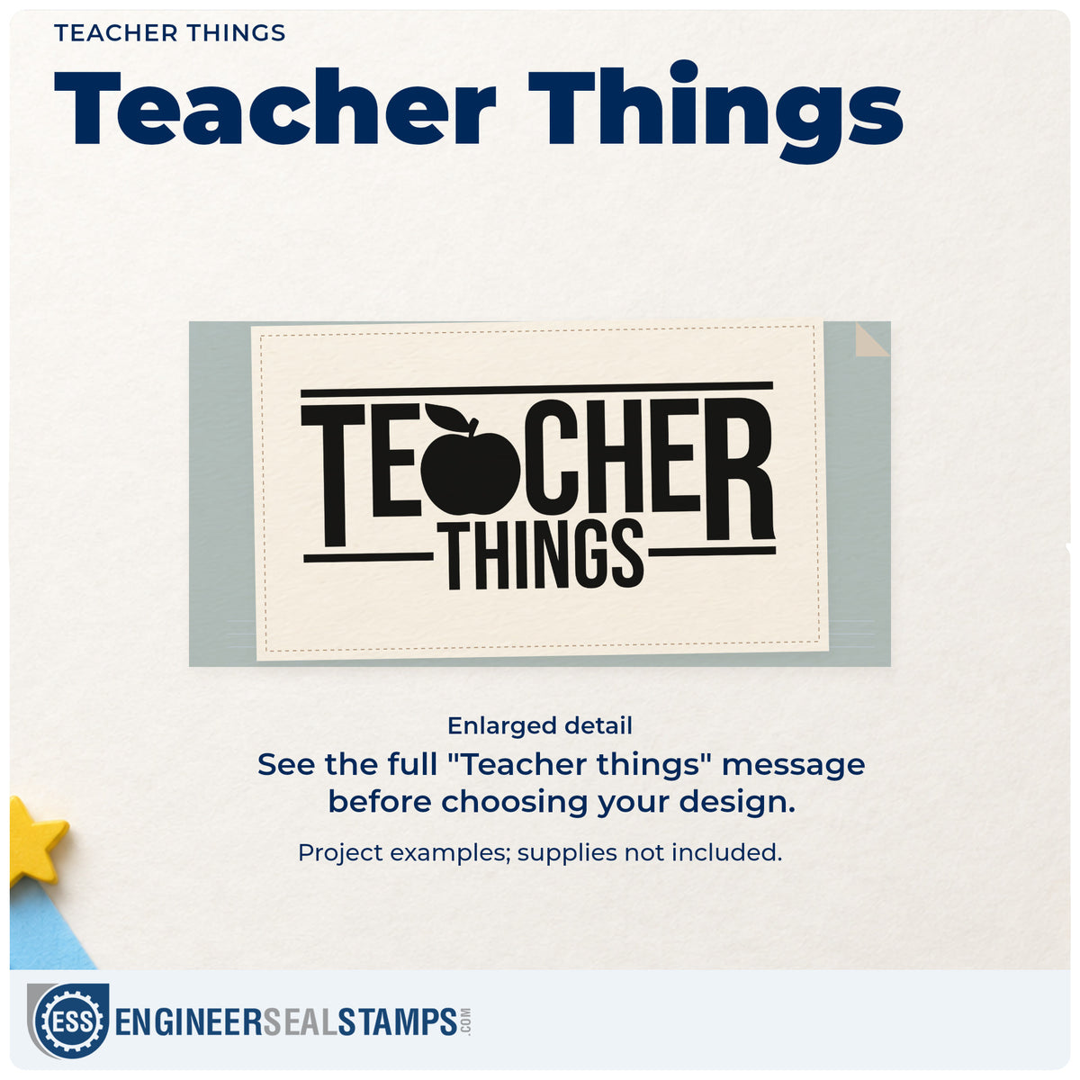 Enlarged detail of the Teacher Things Apple Slim Pre-Inked Stamp imprint. An apple replaces a letter in bold "Teacher things," framed by horizontal rules.