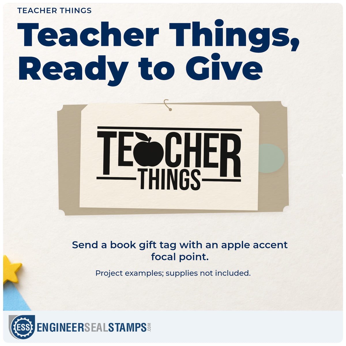 A finished handmade project stamped with the Teacher Things Apple Self-Inking Stamp, ideal for storage bin tags.