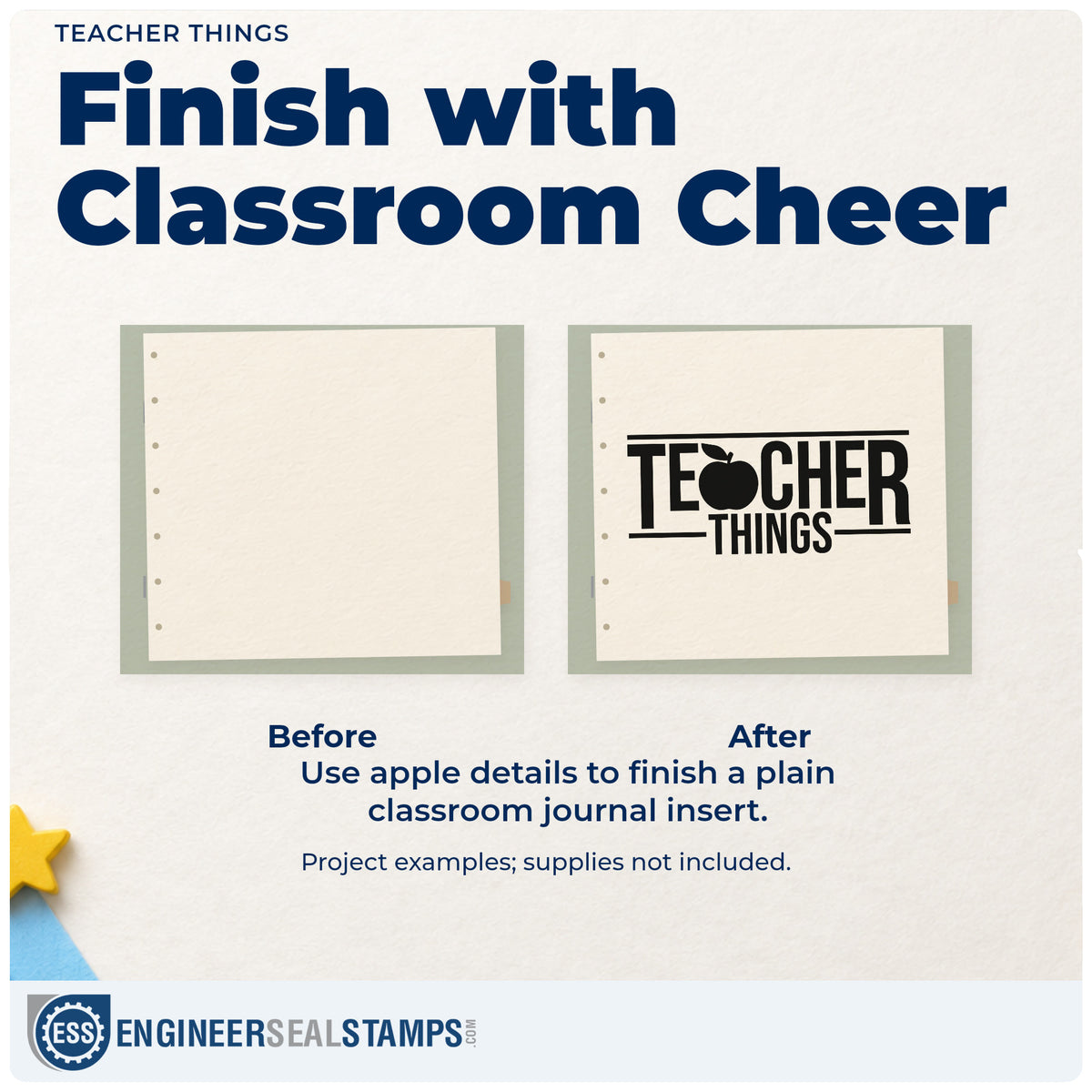 Before and after of a plain item finished with the Teacher Things Apple Slim Pre-Inked Stamp, a quick upgrade for cubby tag labels.