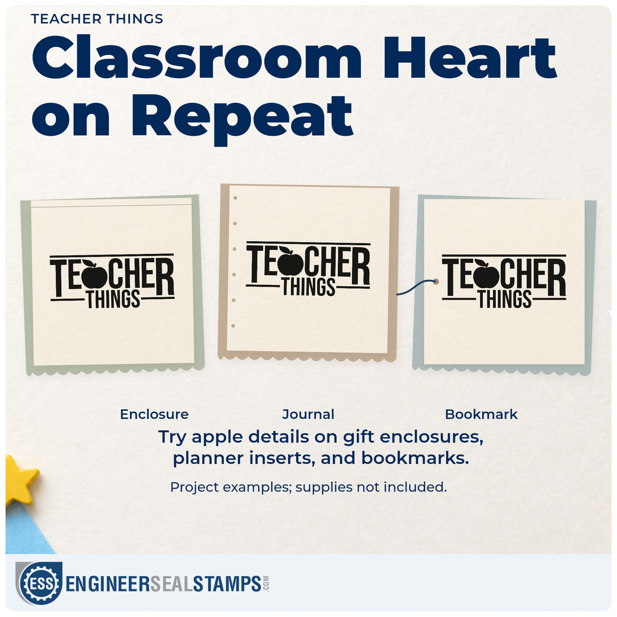 Three project examples made with the Teacher Things Apple Wood Handle Stamp, including drawer divider crafts.