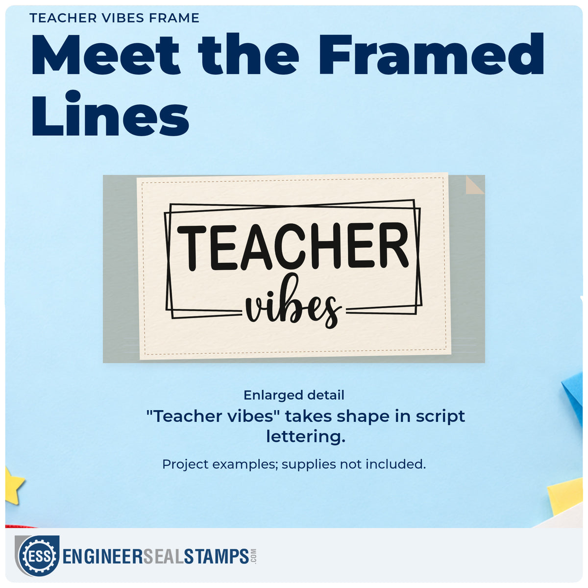 Enlarged detail of the Teacher Vibes Frame Stamp – Self-Inking imprint. Overlapping rectangular outlines frame "Teacher vibes" in block and script lettering.