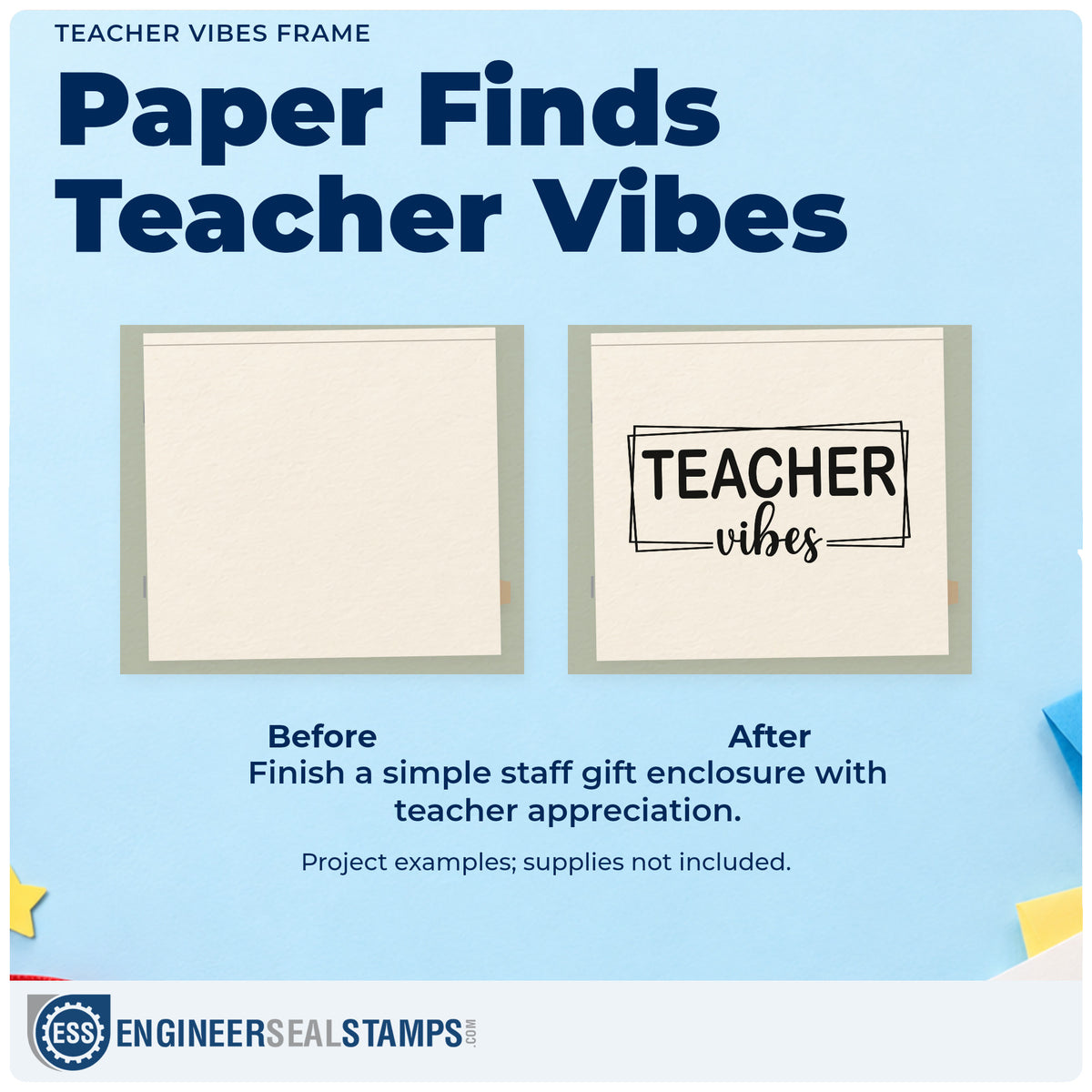 Before and after of a plain item finished with the Teacher Vibes Frame PSI Pre-Inked Stamp, a quick upgrade for bin front labels.