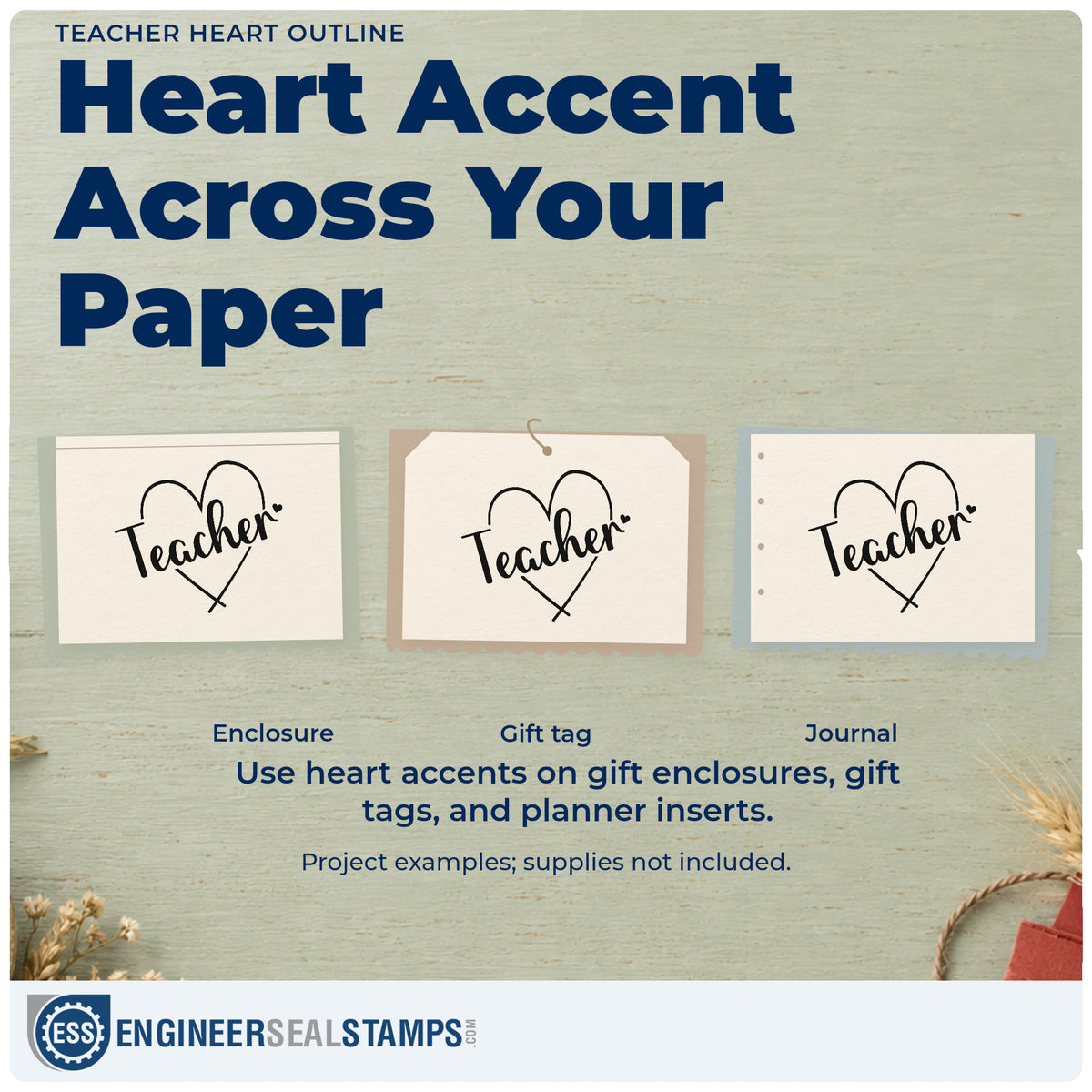 Three project examples made with the Teacher Heart Line Art Wood Handle Stamp, including paper garland crafts.