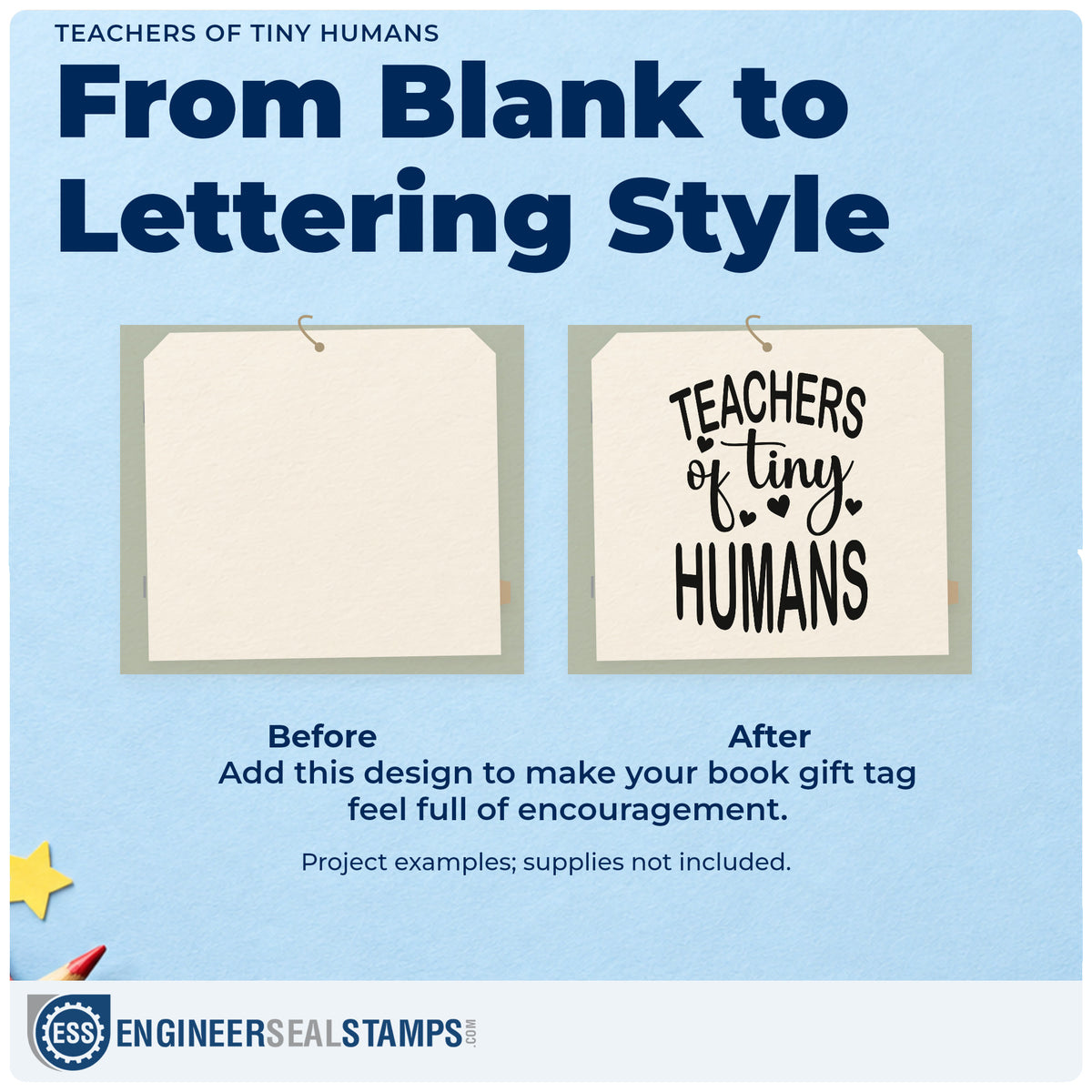 Before and after of a plain item finished with the Teachers Of Tiny Humans Pre-Inked Stamp – Slim, a quick upgrade for sippy cup labels.