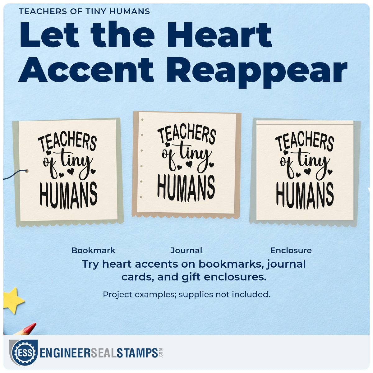 Three project examples made with the Pre-Inked Teachers Of Tiny Humans Stamp – PSI, including handprint craft mats.