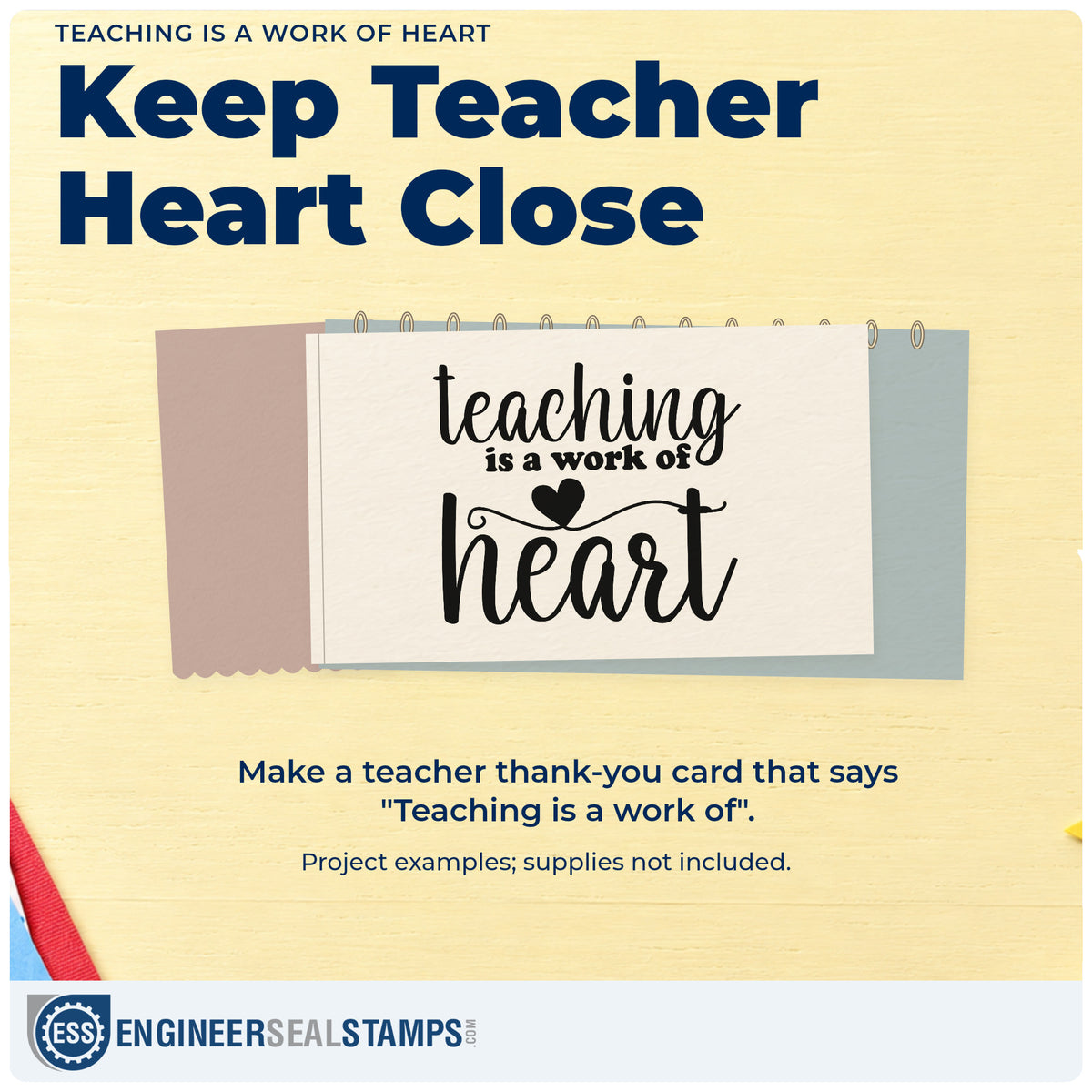 A finished handmade project stamped with the Teaching Is A Work Of Heart Compact Pre-Inked Stamp – Slim, ideal for tribute book tags.
