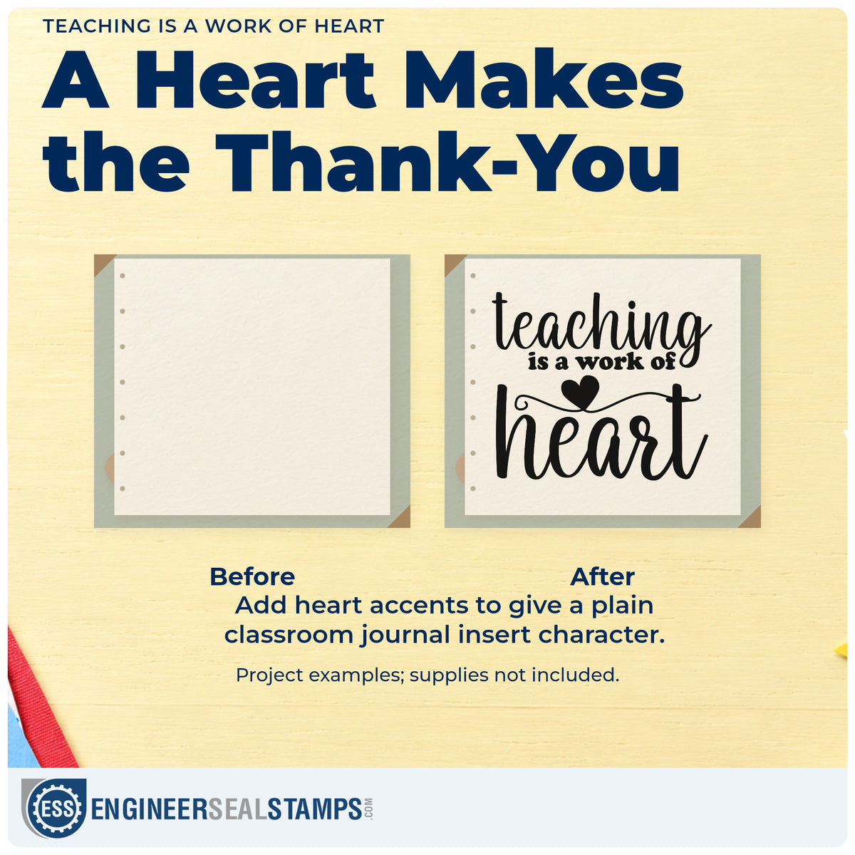 Before and after of a plain item finished with the Teaching Is A Work Of Heart Rubber Stamp – Duo Hand, a quick upgrade for donation plaque labels.