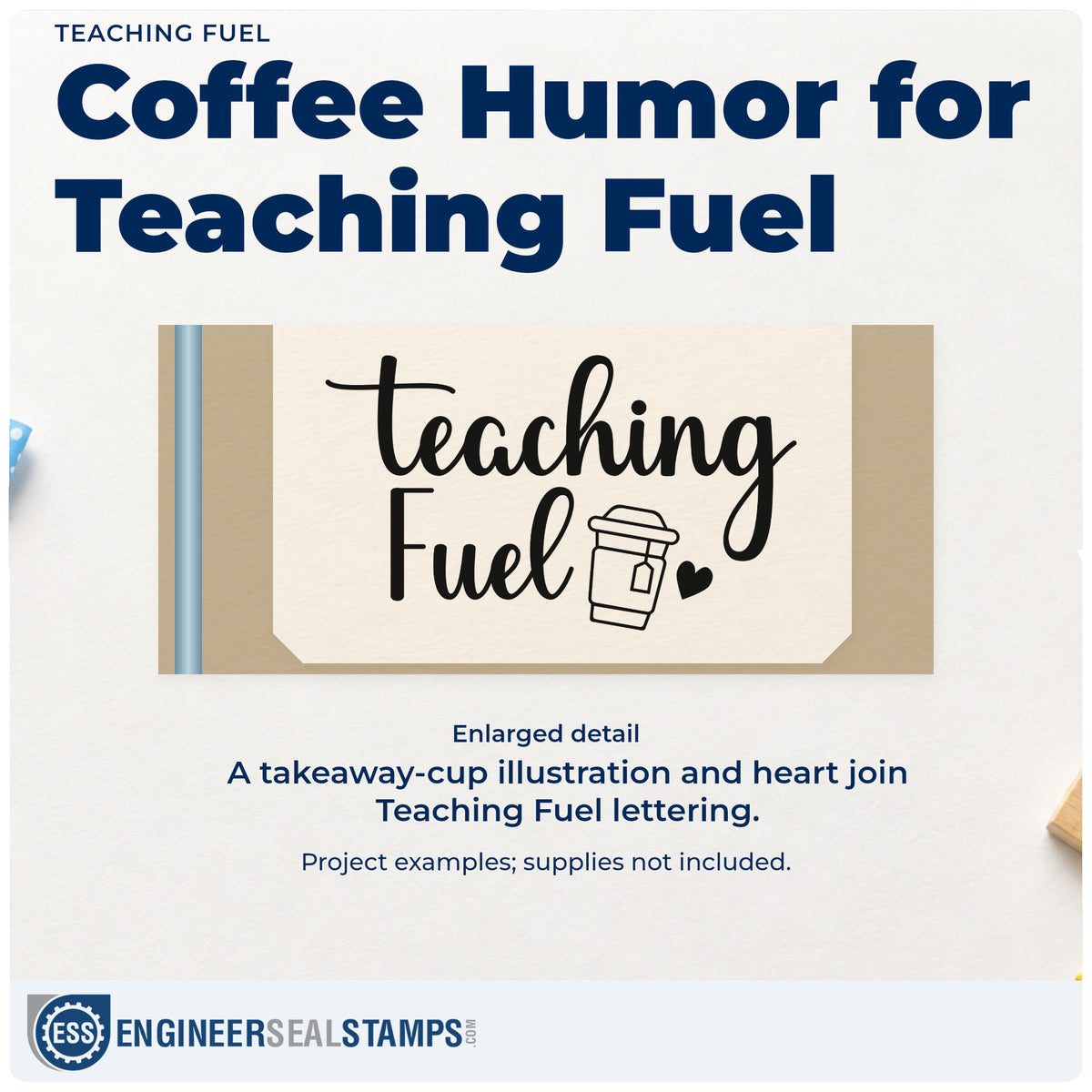 Enlarged detail of the Teaching Fuel Duo Hand Stamp imprint. A takeaway cup and small heart accompany "Teaching fuel" lettering.