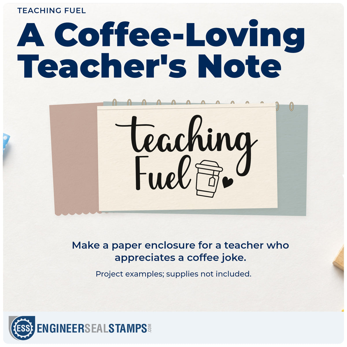 A finished handmade project stamped with the Teaching Fuel Rubber Stamp – Wood Handle, ideal for coffee card tags.