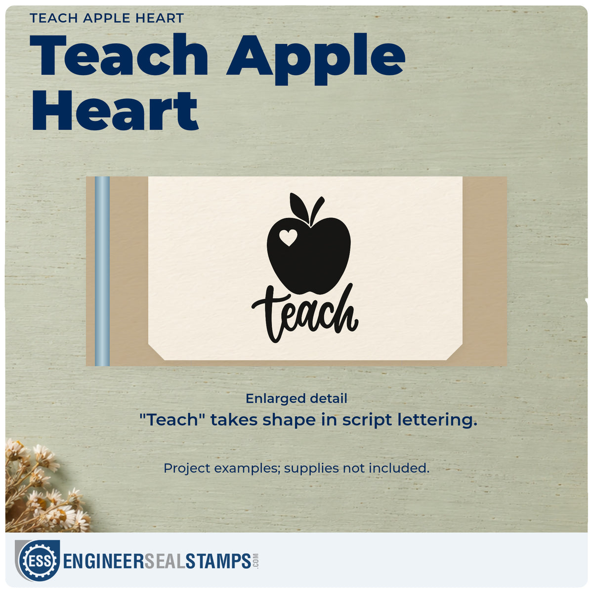 Enlarged detail of the Teach Apple Heart Script Lettering Rubber Stamp – Duo Hand imprint. A solid apple with a small white heart sits above "Teach" script.