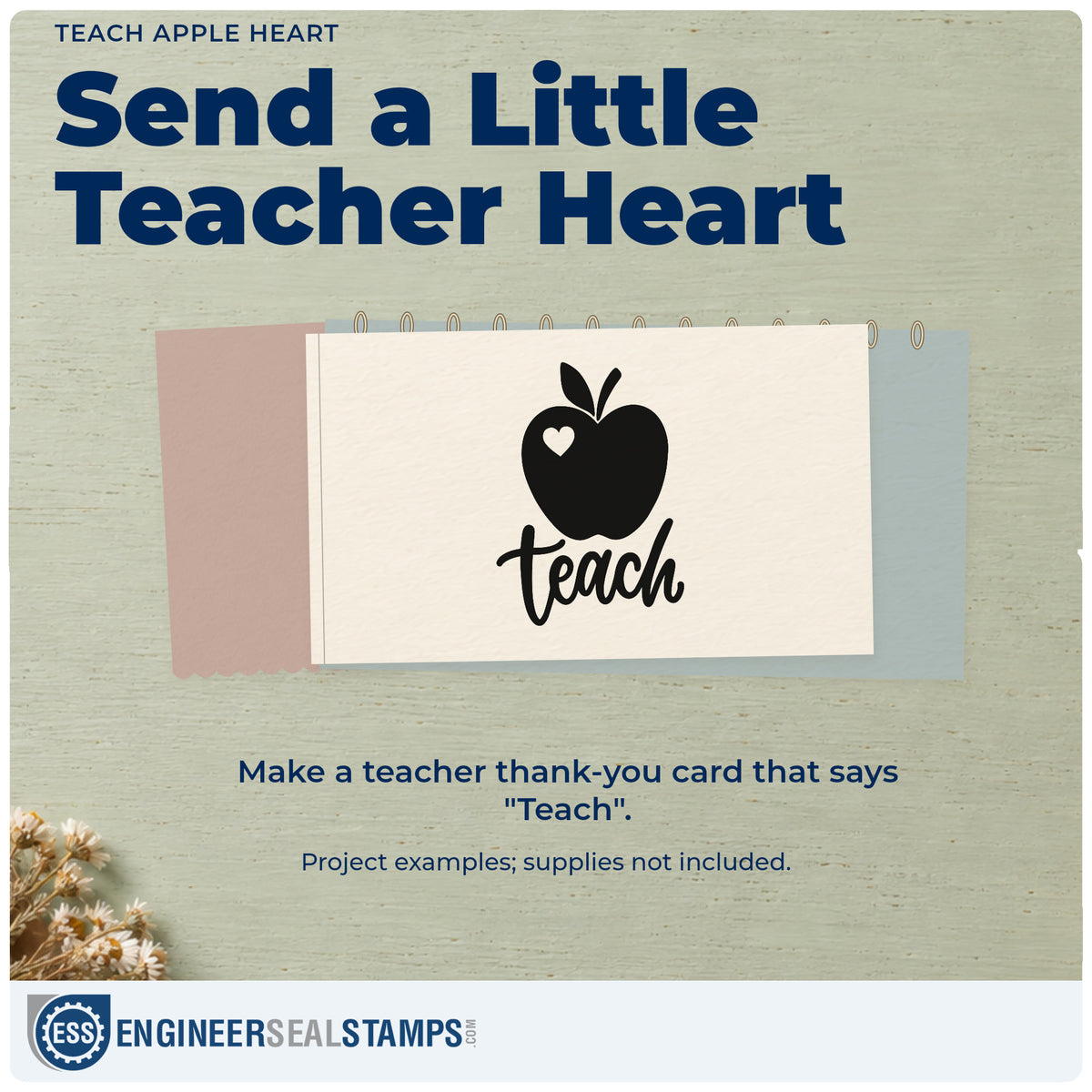 A finished handmade project stamped with the Teach Apple Heart Script Lettering Self-Inking Craft Stamp, ideal for simple gift tags.