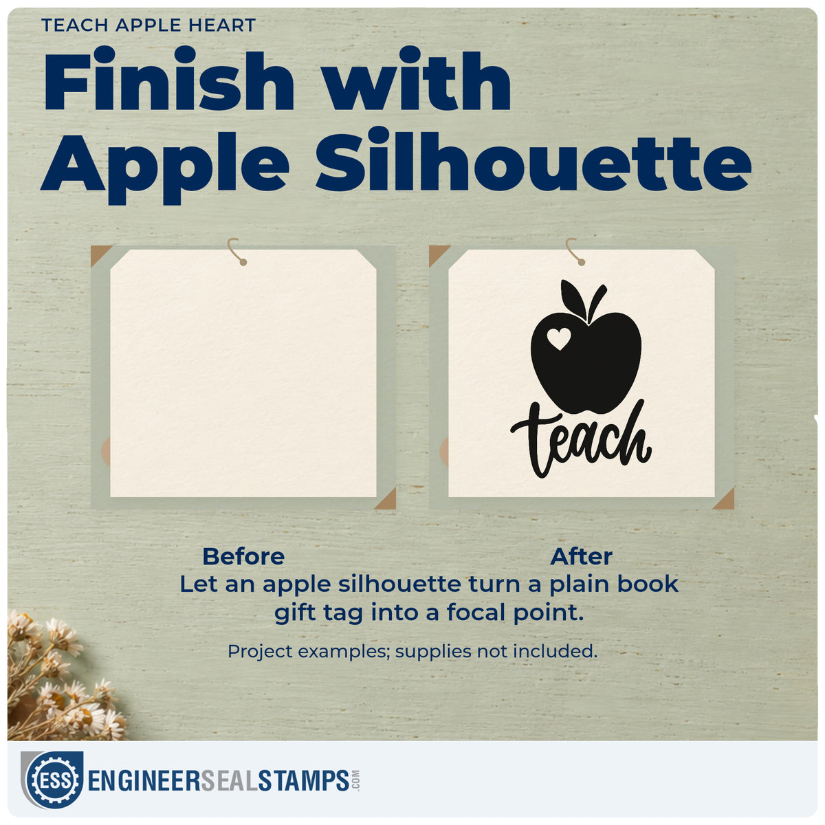 Before and after of a plain item finished with the Premium Wooden Teach Apple Heart Script Lettering Stamp - Vintage Pro, a quick upgrade for kraft seal labels.