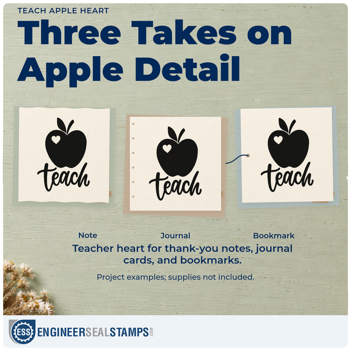 Three project examples made with the Teach Apple Heart Script Lettering Wood Handle Stamp, including single stamp crafts.
