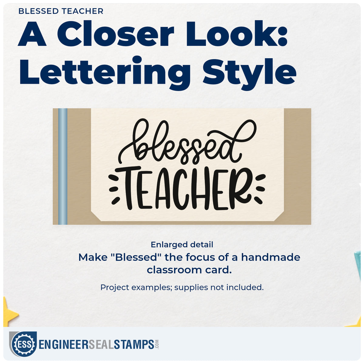 Enlarged detail of the Blessed Teacher Premium Wood-Mounted Stamp - Vintage Pro imprint. Flowing "Blessed" lettering sits above bold "Teacher," flanked by short radiating marks.