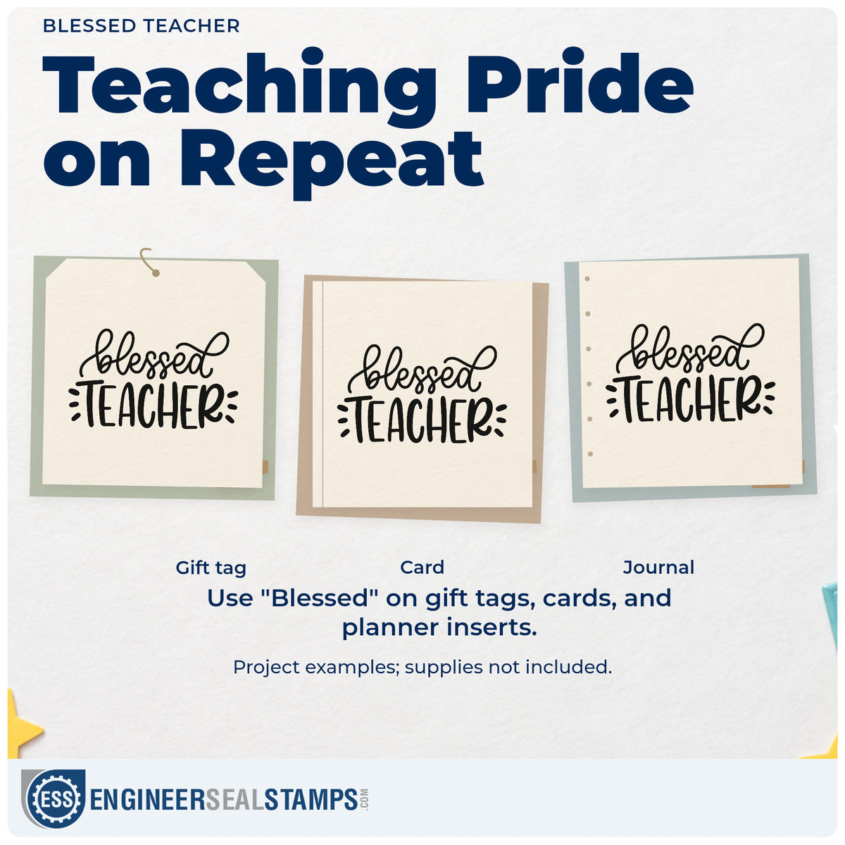 Three project examples made with the Blessed Teacher Premium Wood-Mounted Stamp - Vintage Pro, including prayer card crafts.
