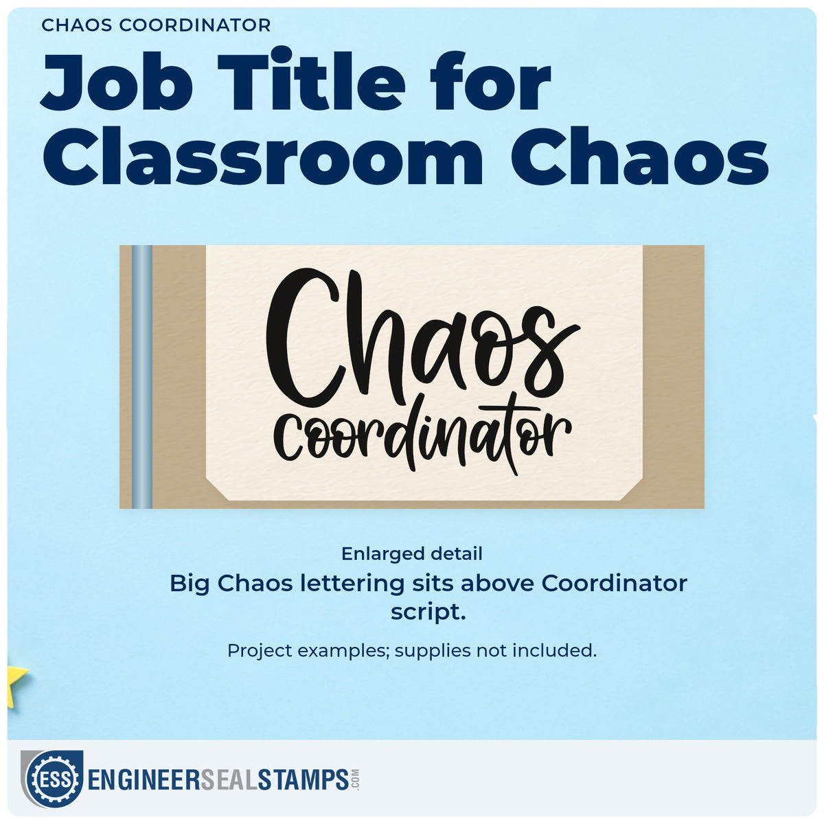 Enlarged detail of the Self-Inking Chaos Coordinator Script Lettering Stamp imprint. Large "Chaos" lettering sits above smaller "Coordinator" script.