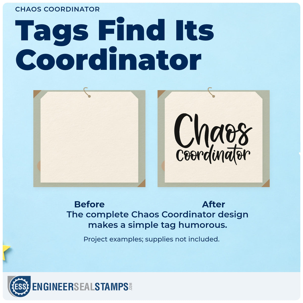 Before and after of a plain item finished with the Chaos Coordinator Script Lettering Slim Pre-Inked Stamp, a quick upgrade for emergency bin labels.