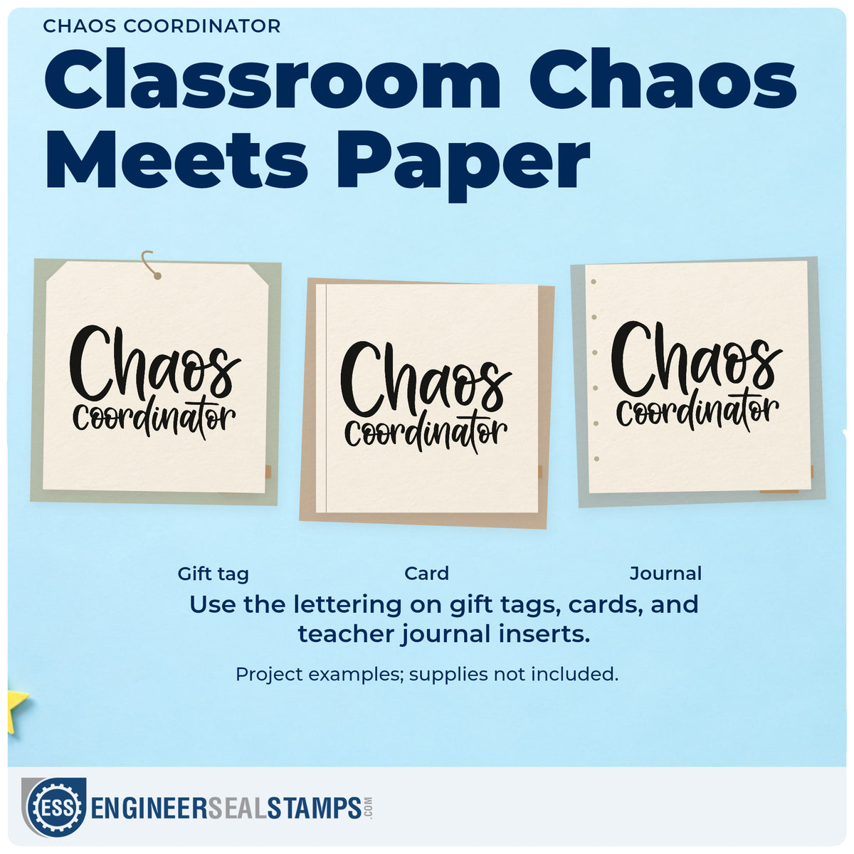 Three project examples made with the Chaos Coordinator Script Lettering Stamp – Duo Hand, including clipboard card crafts.