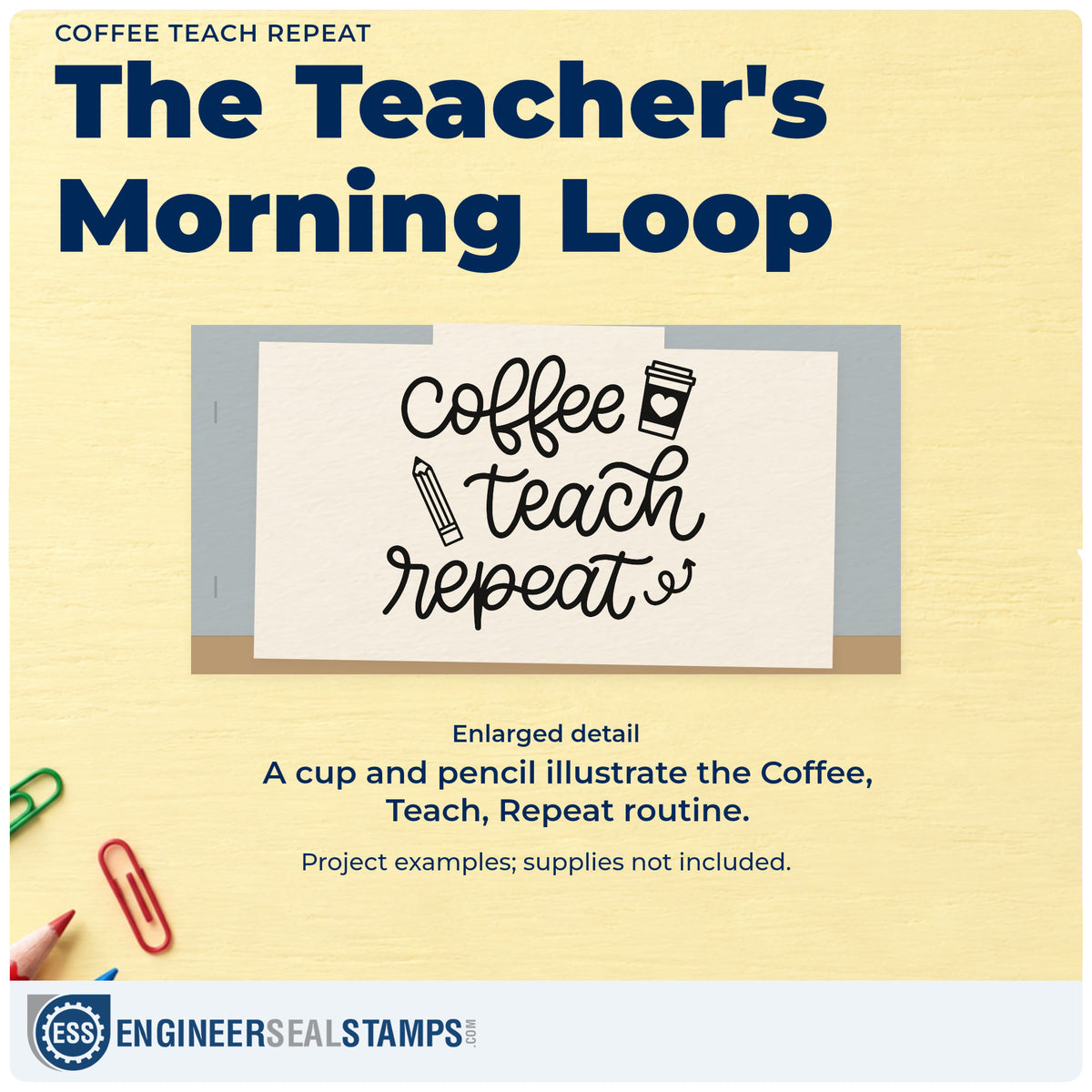Enlarged detail of the Coffee Teach Repeat Rubber Stamp – Duo Hand imprint. A coffee cup and pencil accompany three script lines reading "Coffee teach repeat."